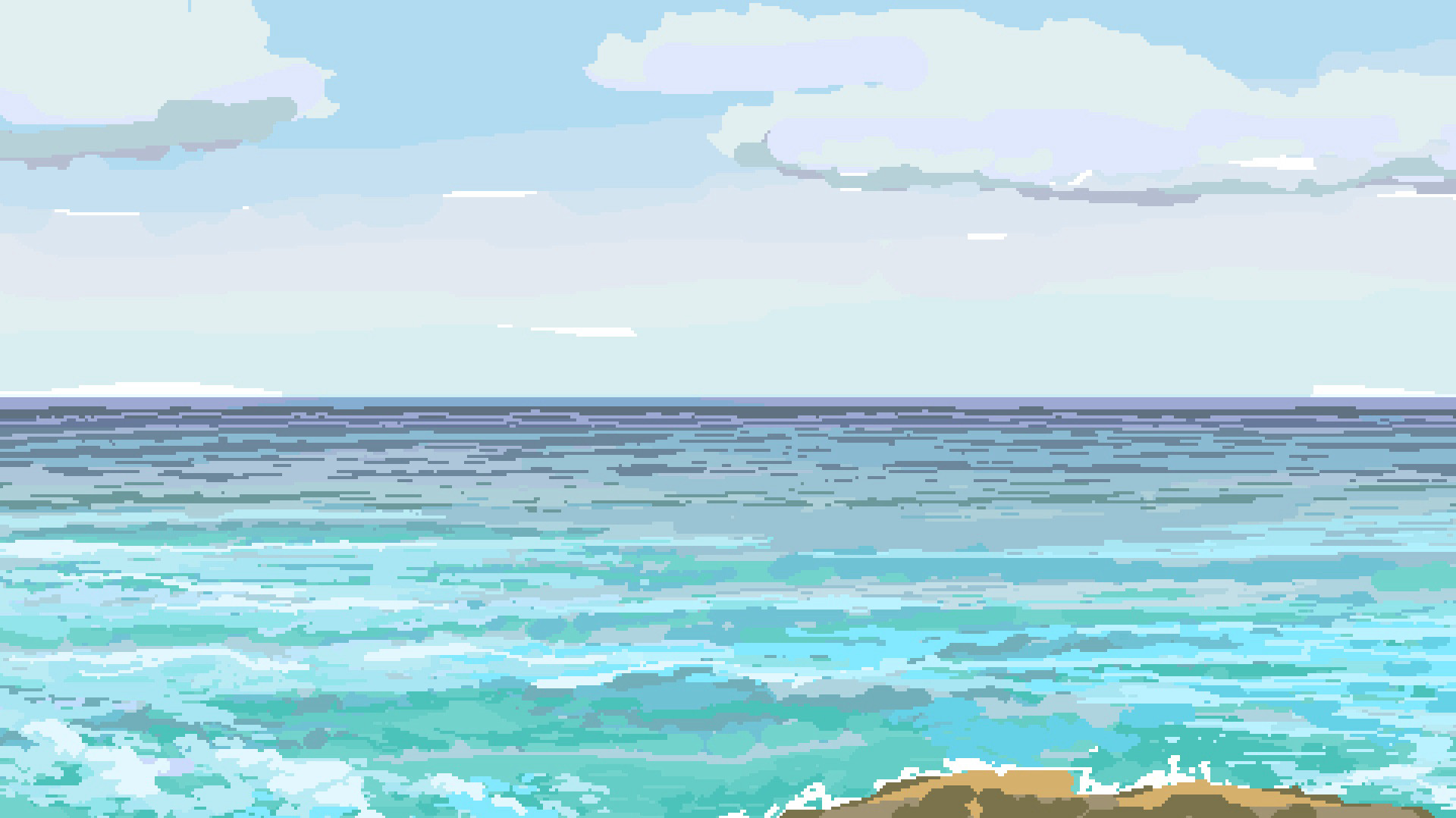 Plein air pixel art of a relatively placid seascape, with blue-green water in the foreground and glassy blue-violet water at the horizon, some powder grey haze and puffy clouds in an otherwise pale blue sky