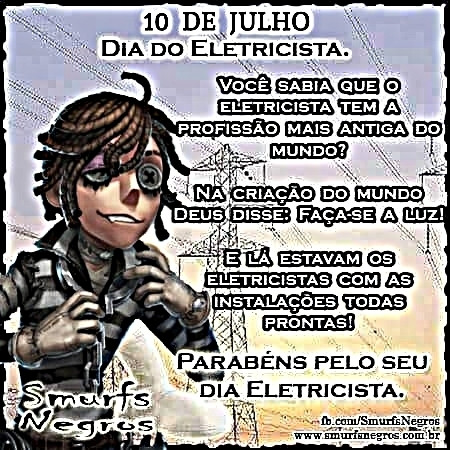 imagem engraçada de Identity V. O personagem Luca Balsa está a frente de uma imagem de postes elétricos. Ao deu lado, o texto diz: 10 de julho, dia do eletricista. Você sabia que o eletricista tem a profissão mais antiga do mundo? Na criação do mundo Deus disse: Faça-se a luz! E lá estavam os eletricistas com as instalações todas prontas! Parabéns pelo seu dia eletricista.