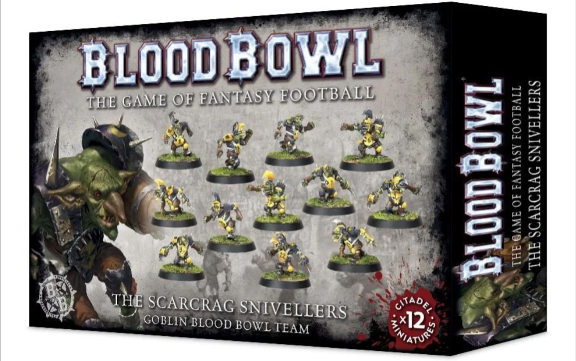 The box for the Scarcrag Snivellers, a Goblin Blood Bowl fantasy football team.