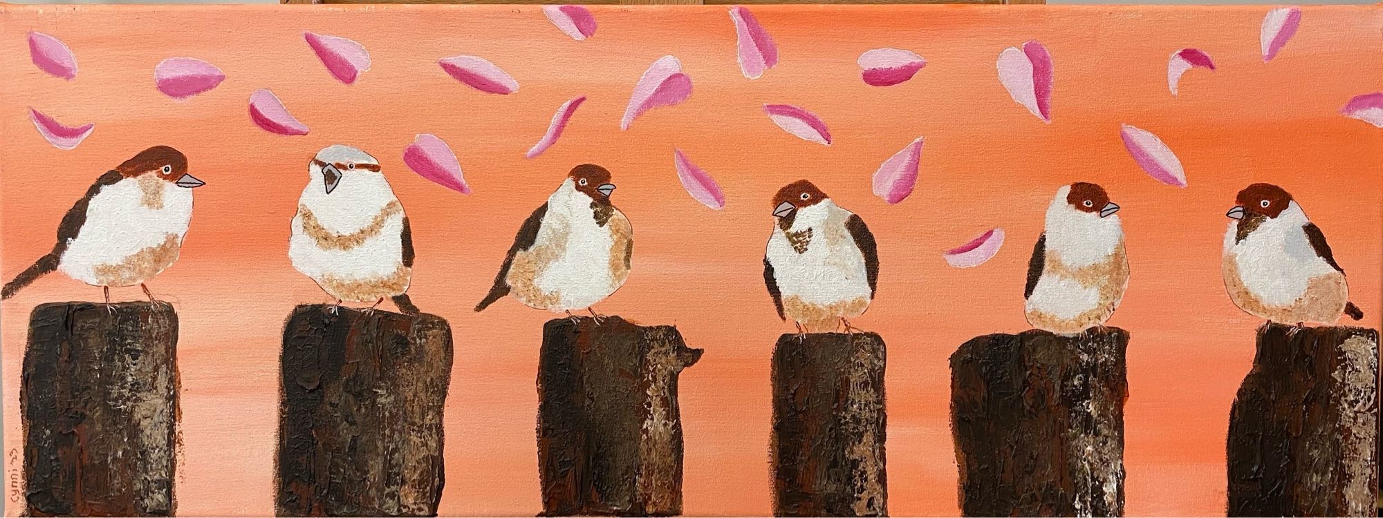 6 sparrows on wooden stumps