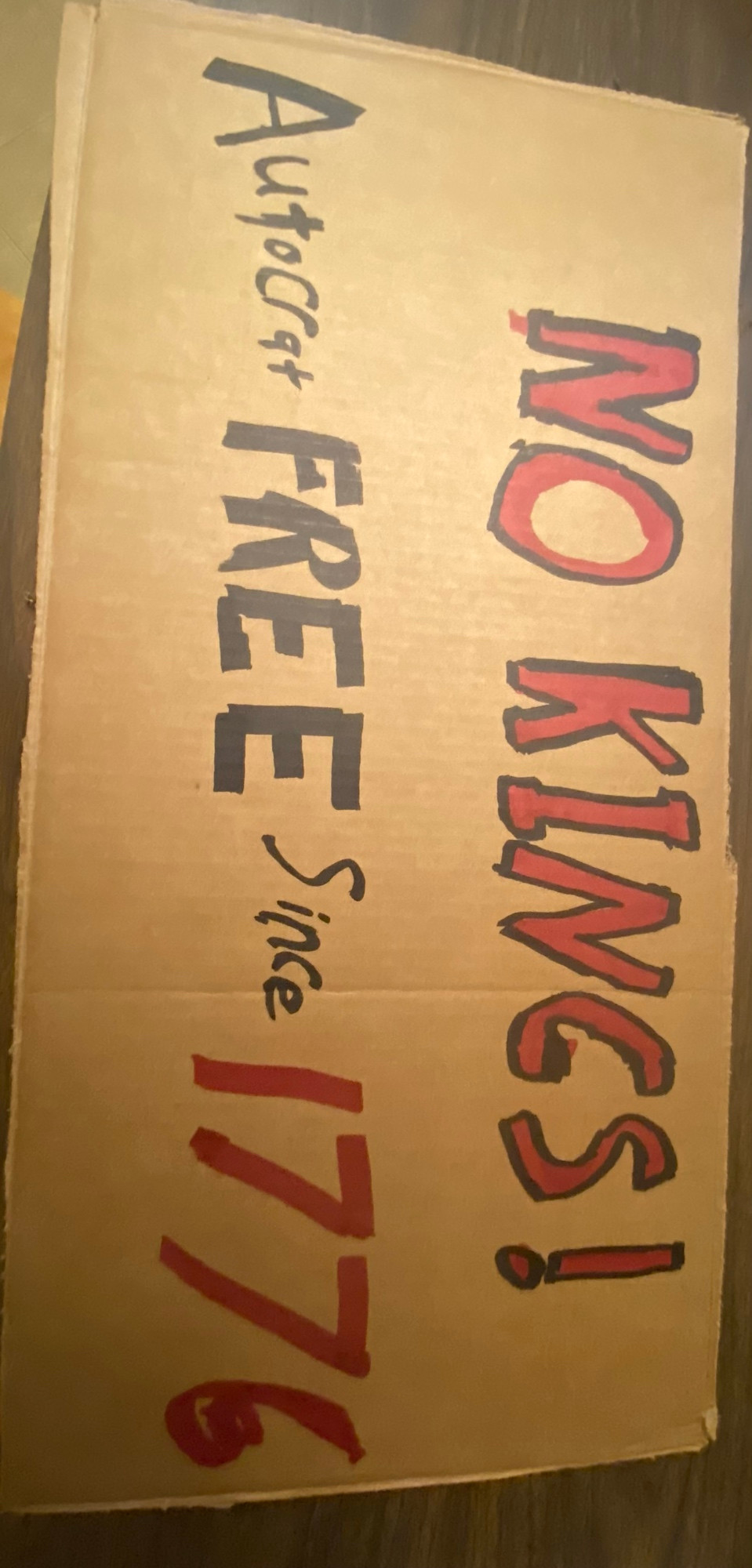 A sign handwritten on a piece of cardboard that reads: 
“NO KINGS! 
Autocrat FREE Since 1776”