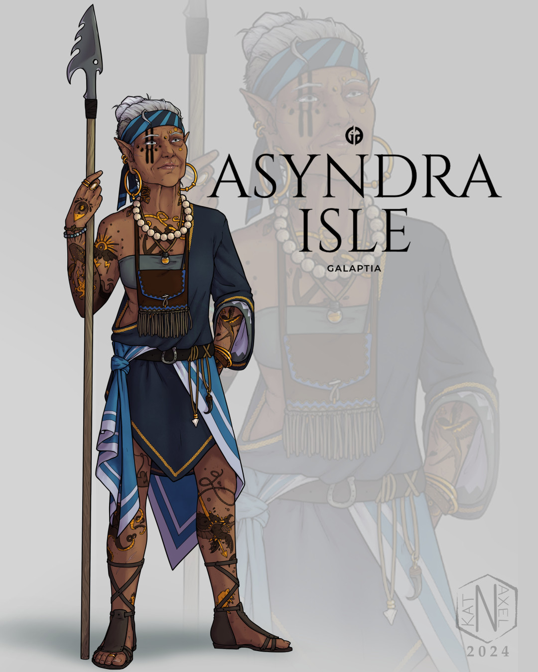 Text: ASYNDRA ISLE, Galaptia
Image is of a small, elder half elder woman in asymmetrical blue robes and a variety of jewelry and trinkets. She has a plethora of black and gold tattoos and wields a large and imposing fishing spear. Her silvery hair is worn back in an top knot, framed by a blue bandana. 