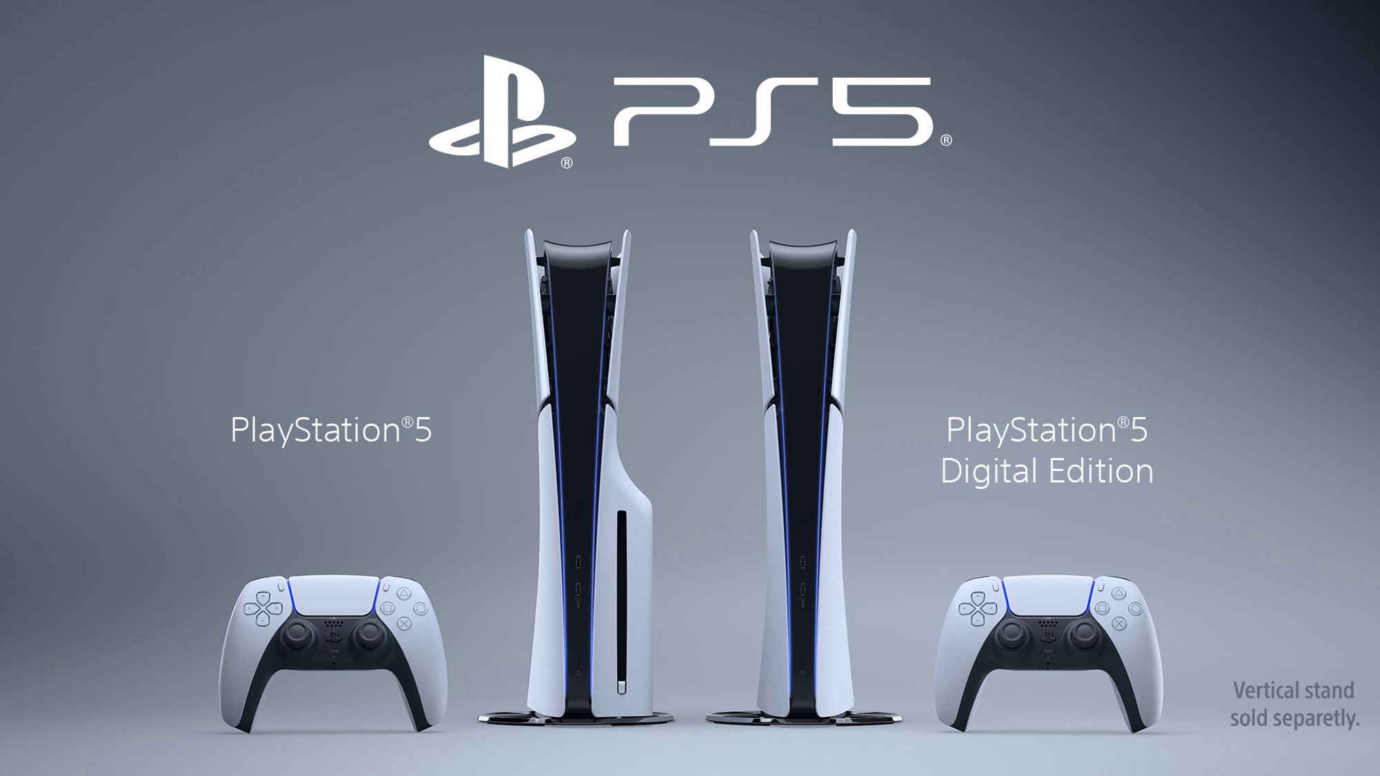 a lineup of the new slim PS5 systems. The regular edition has an awkward looking disc drive on the side.