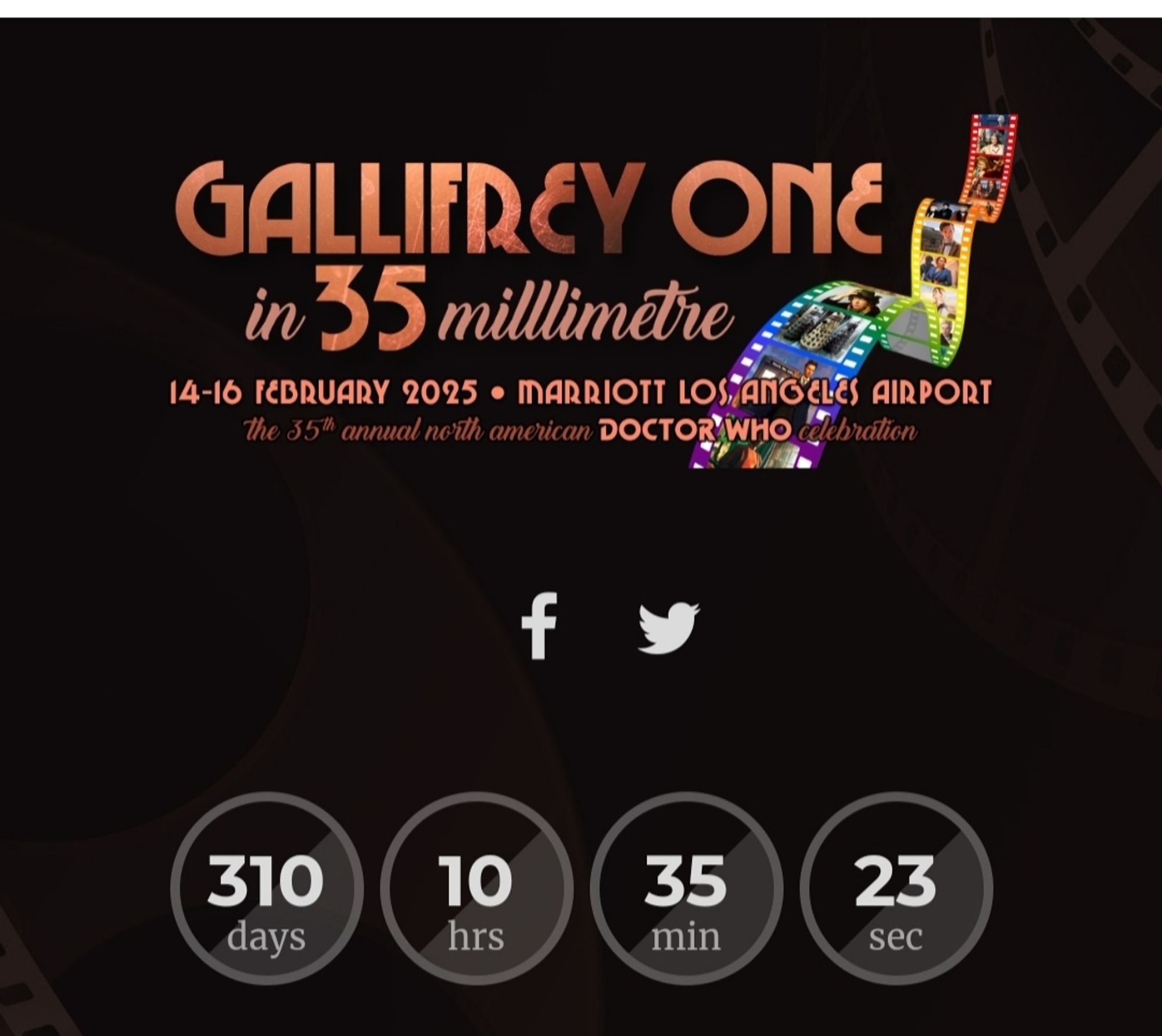 Image shows logo for Gallifrey One con. Below that is a counter displaying the time until Gallifrey One 2025: 310 days, 10 hours, 35 minutes, 23 seconds.