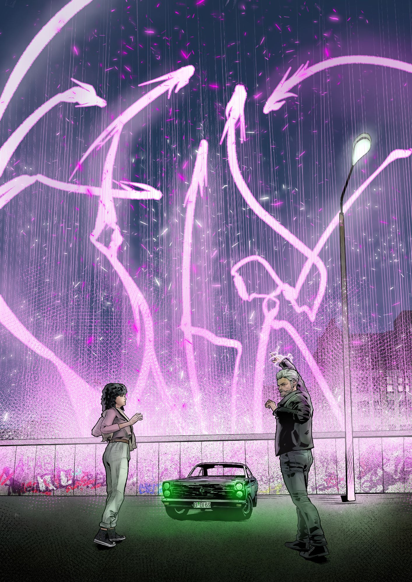 Viator, a silver haired man wearing a black leather jacket and denim jeans, is showing Kathrin, a young woman with black curly hair wearing light blue trousers and a tucked in pink shirt, the magical barrier around the Berlin wall, which rises up like pink glowing snakes above the border between East and West Berlin. Between the two is Parus, a sentient 1966 Ford Fairlane, with glowing green lights.