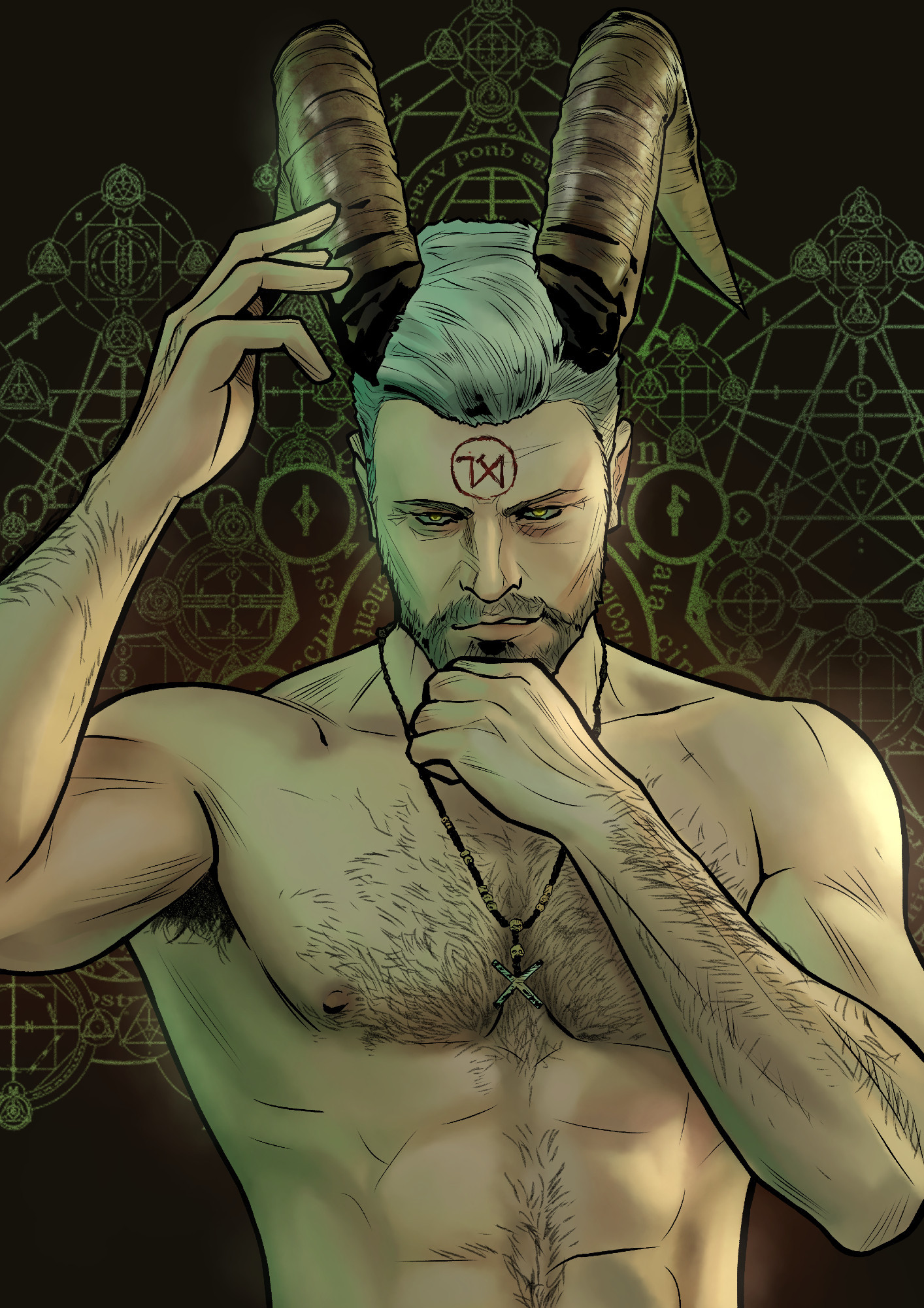 Shirtless man with horns, a painted red magic sigil, yellow eyes, silver hair, a beard, a lean toned body, chest hair and an x-shaped necklace looking at the viewer with sultry eyes, flirting. In the background a cluster of magic hermetic circles.