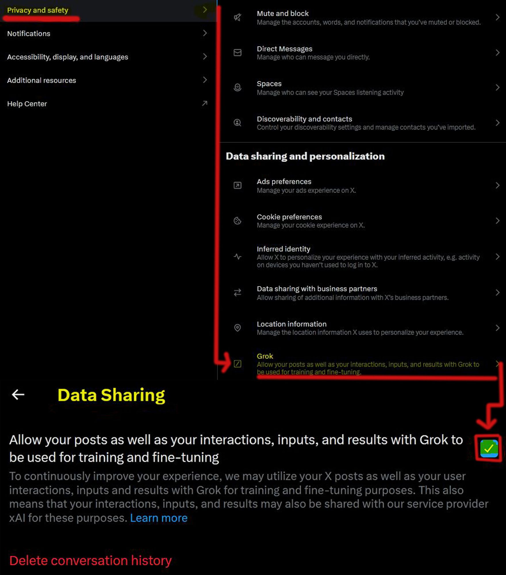 Screenshots of the settings menu on X, red arrows showing the path to the Grok ai data sharing opt-out.