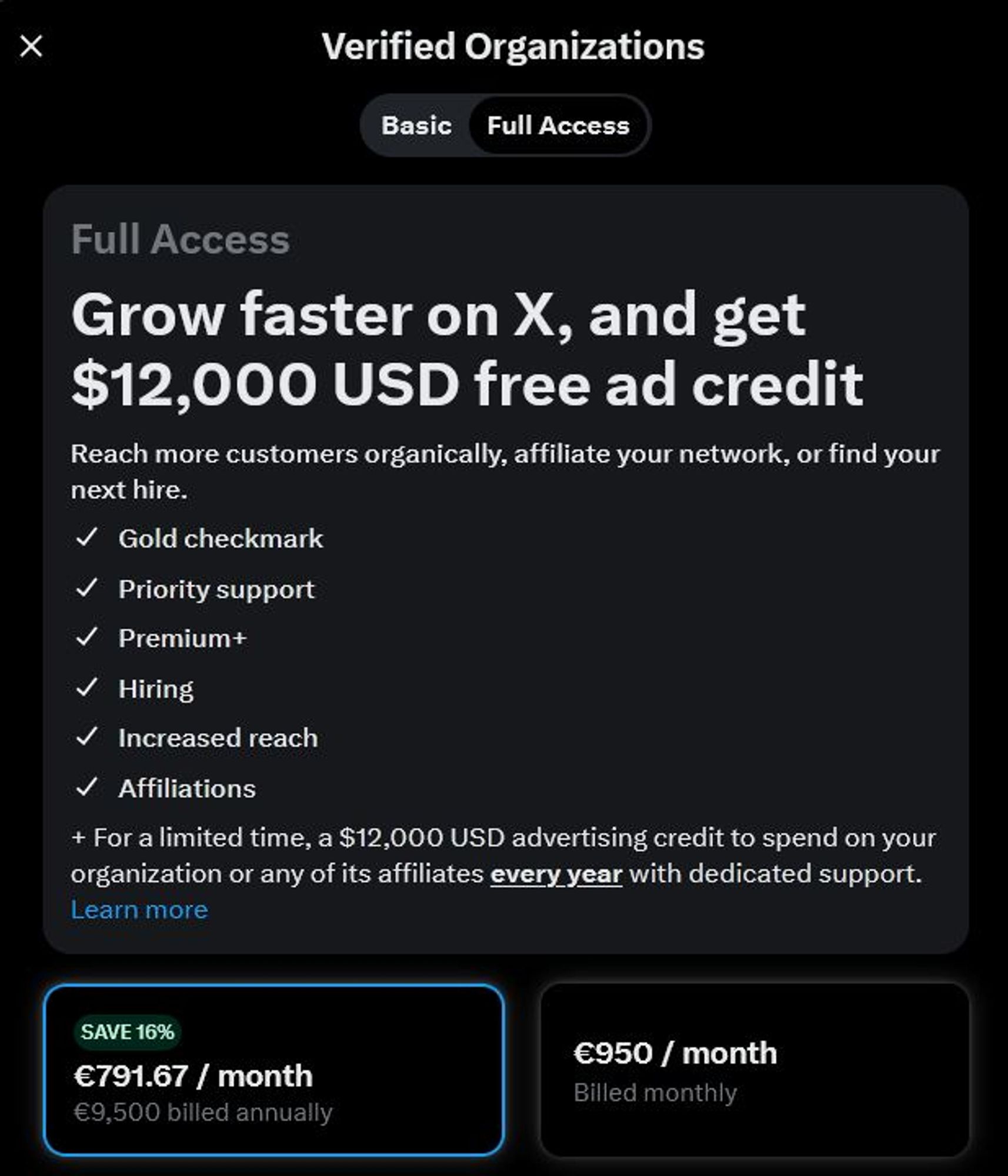 Screenshot of X verified organizations full access offer for 9500€/year