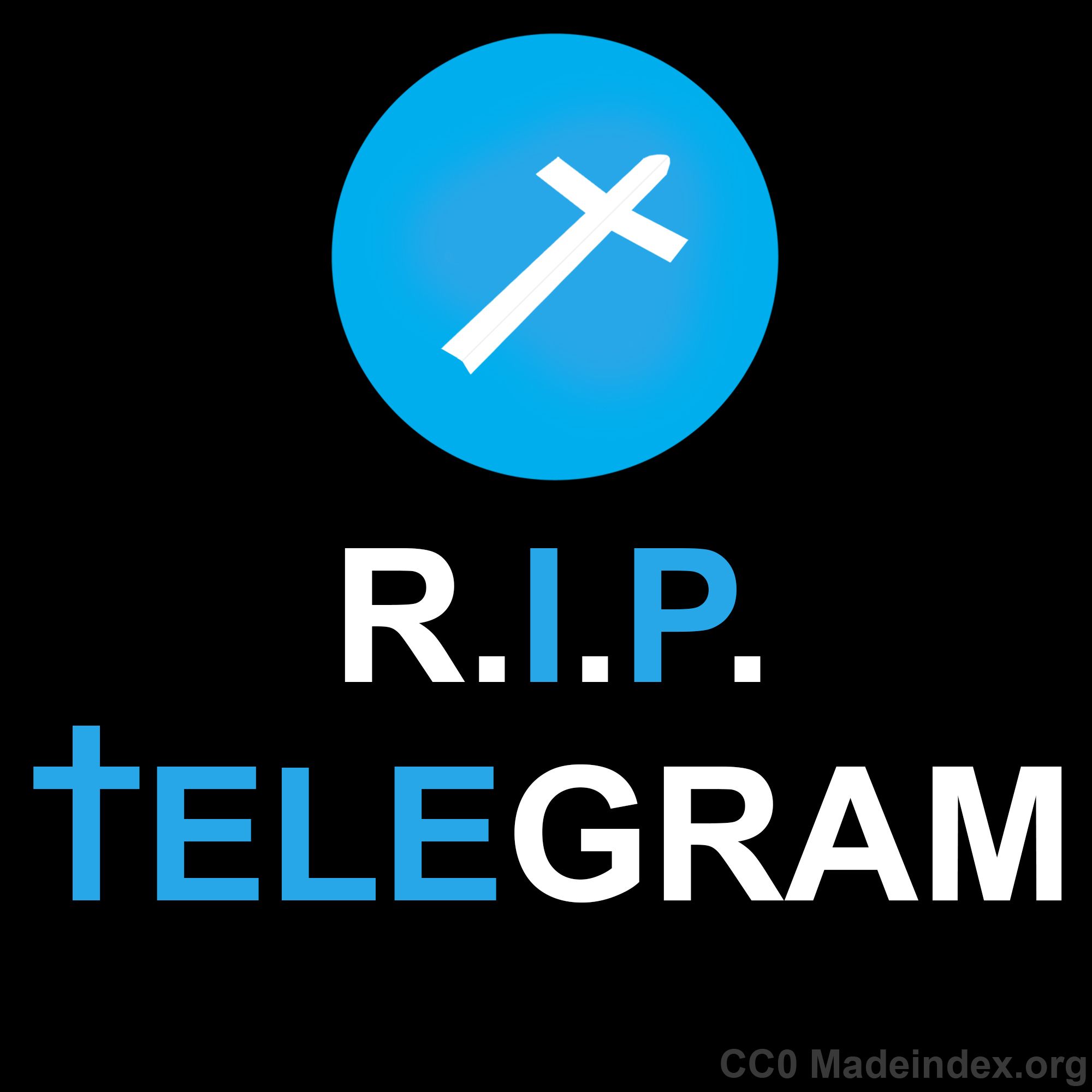 Illustration of a cross (folded like a paper plane) on blue background, below it the caption R.I.P TELEGRAM, with the IP / TELE highlighted in blue & the T resembling a cross.