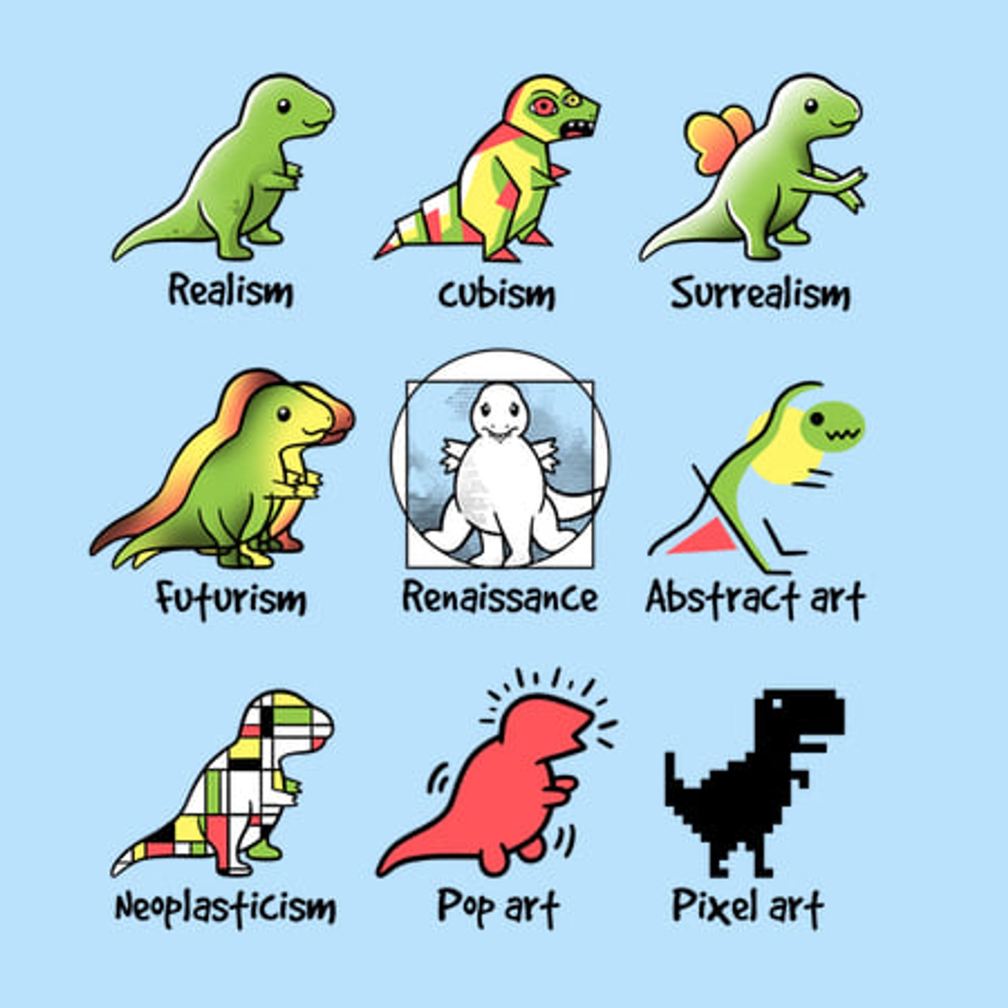 Different T-rex art in various styles
Realism, Cubism, Surrealism, futurism, Renaissance, Abstract art, Neoplasticism, Pop art, Pixel art