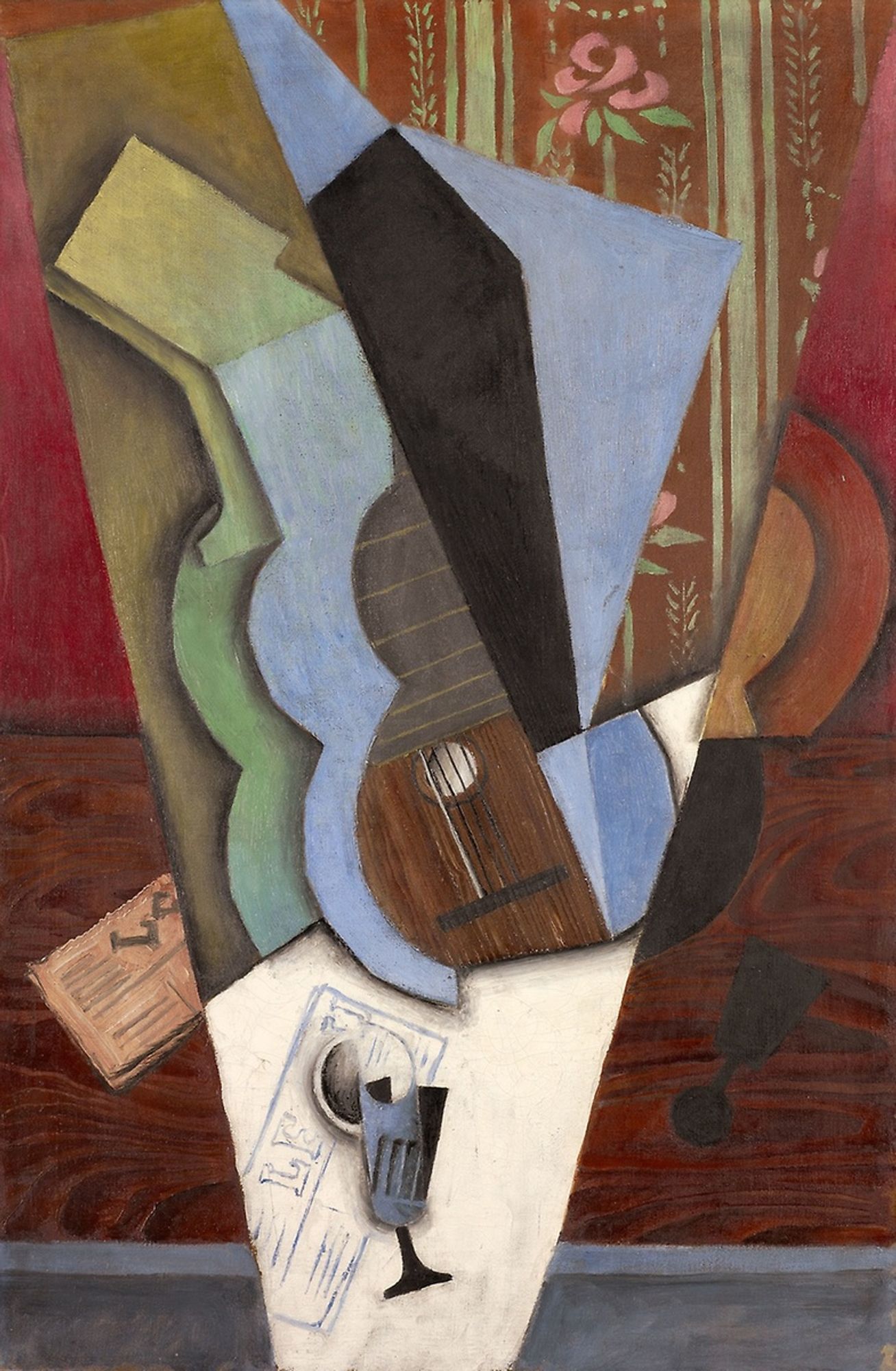 Juan Gris traveled to Paris in 1906 and soon moved to the neighborhood of Montmartre, where he met Pablo Picasso and Georges Braque. Eventually, Gris joined their artistic circle and participated in the development of Cubism. In Abstraction (Guitar and Glass), he incorporated objects often used in Cubist still-life painting—musical instruments, newspaper, a glass, and a tabletop. Rather than shatter their forms, however, Gris took a more synthetic approach to the composition. The overlapping planes, flattened appearance, and rhythmic patterns of the painting reinforce the two-dimensional nature of the picture’s surface, while the trompe l’oeil effects, deeply saturated colors, strong light-dark contrasts, and precise definition of forms give the still life an extraordinary physical reality.

Charles H. and Mary F. S. Worcester Fund