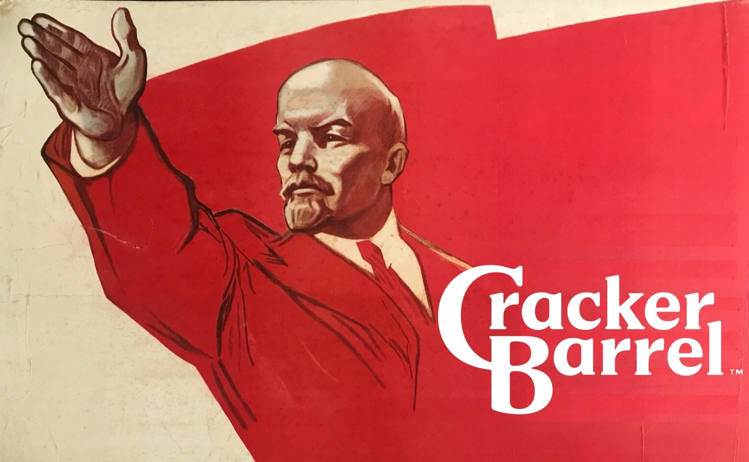 Poster of lenin with cracker barrel logo on it