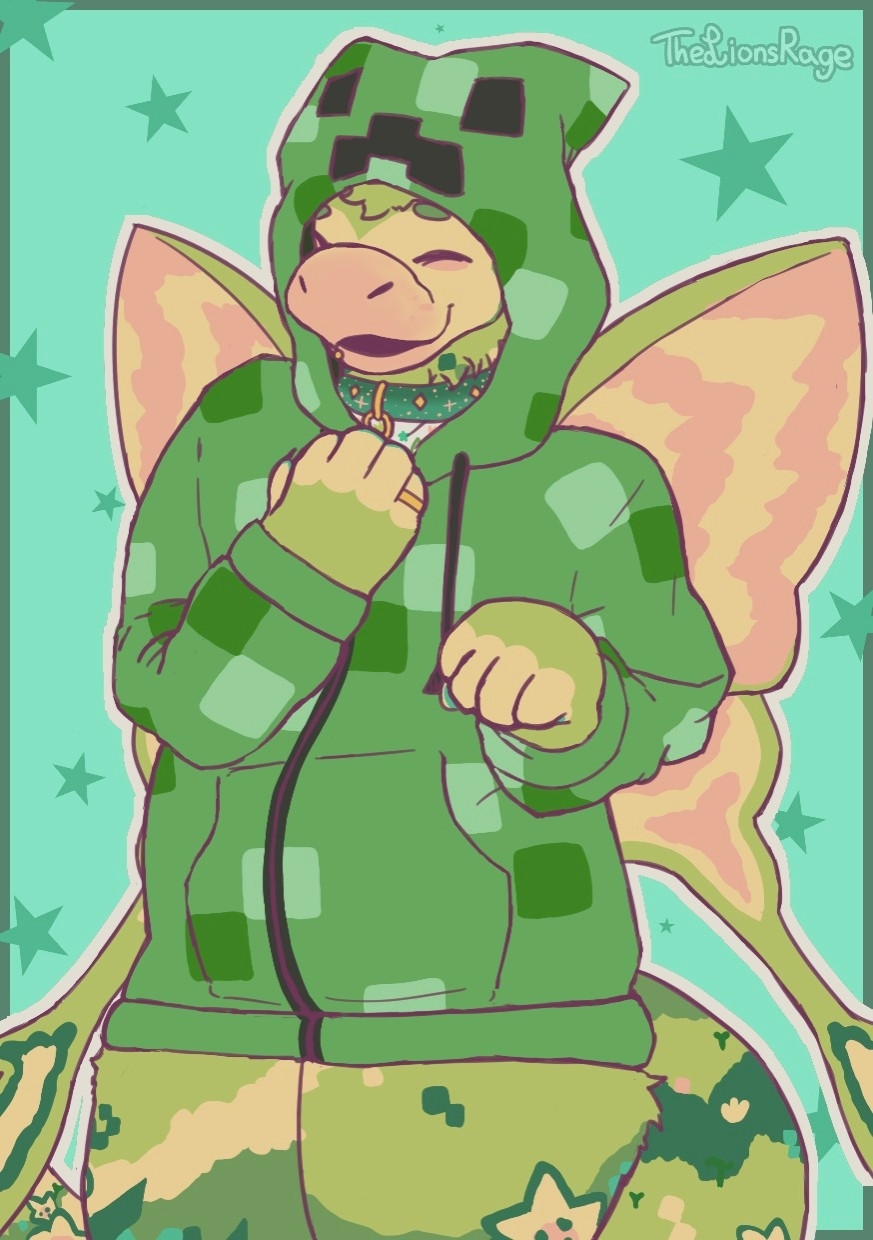 A digital illustration of a chubby green anthro dragon from the thighs up. It has pink butterfly wings and is smiling while dressed in a Creeper hoodie from Minecraft.