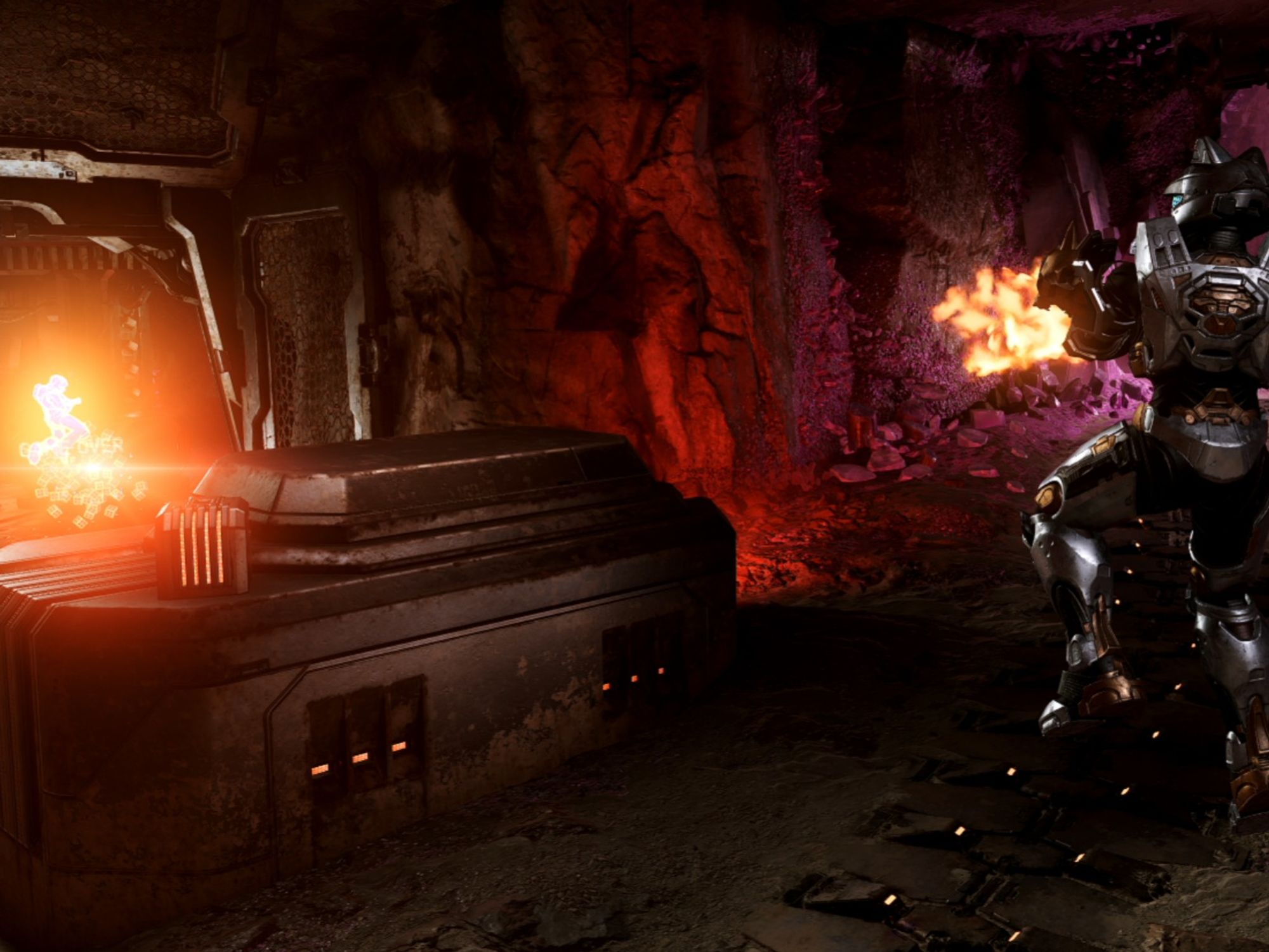 A silver spartan with gold accents and a helmet with cat ears on, hits an explosive headshot from over a generator as he jumps up to do so.