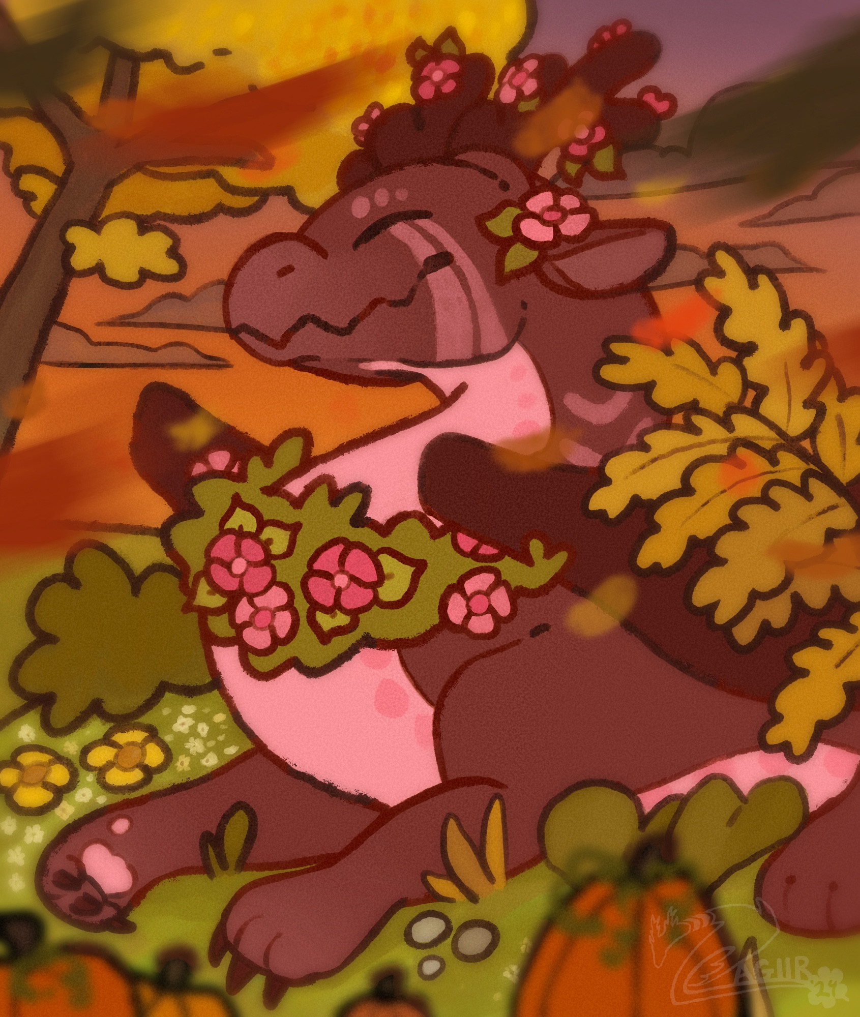 A brown maroon flower dragon laying down on a field of grass during the fall season. She has her eyes closed as she enjoys the fresh air. Foliage surrounds her as leaves fall from a nearby tree.