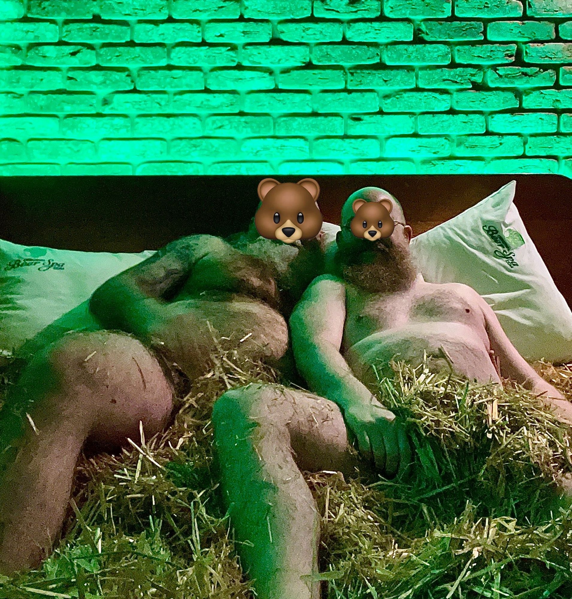 Two hairy men in a straw bed at a spa