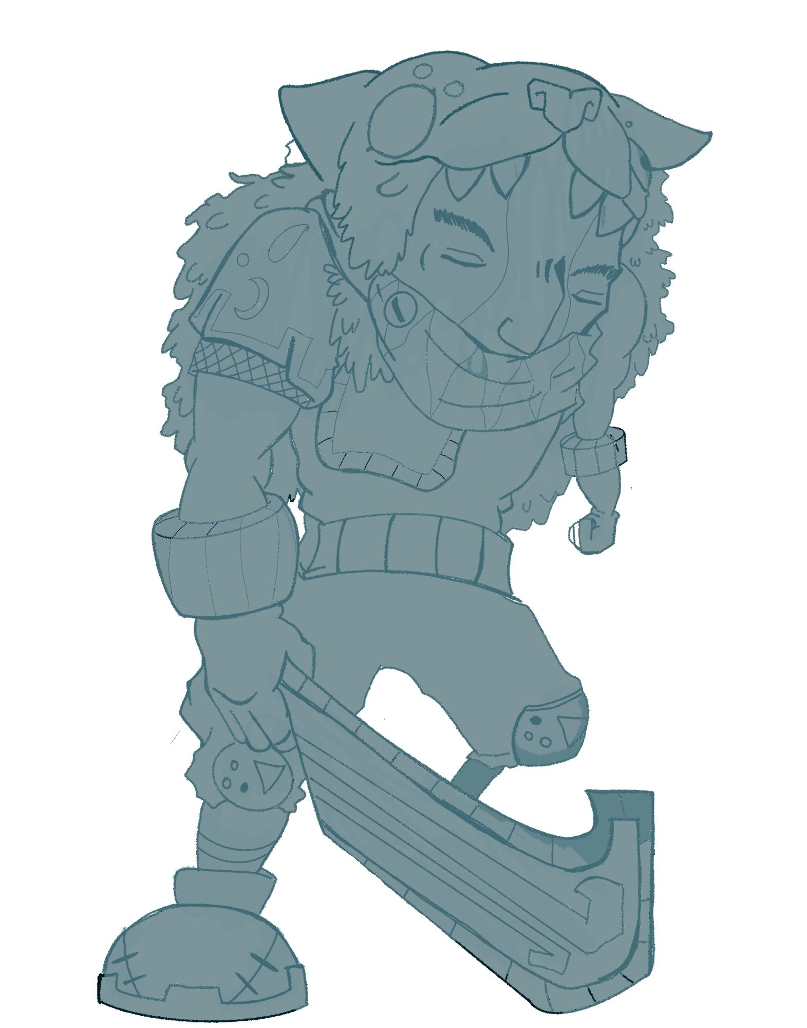 Low color initial work of a character holding a sword