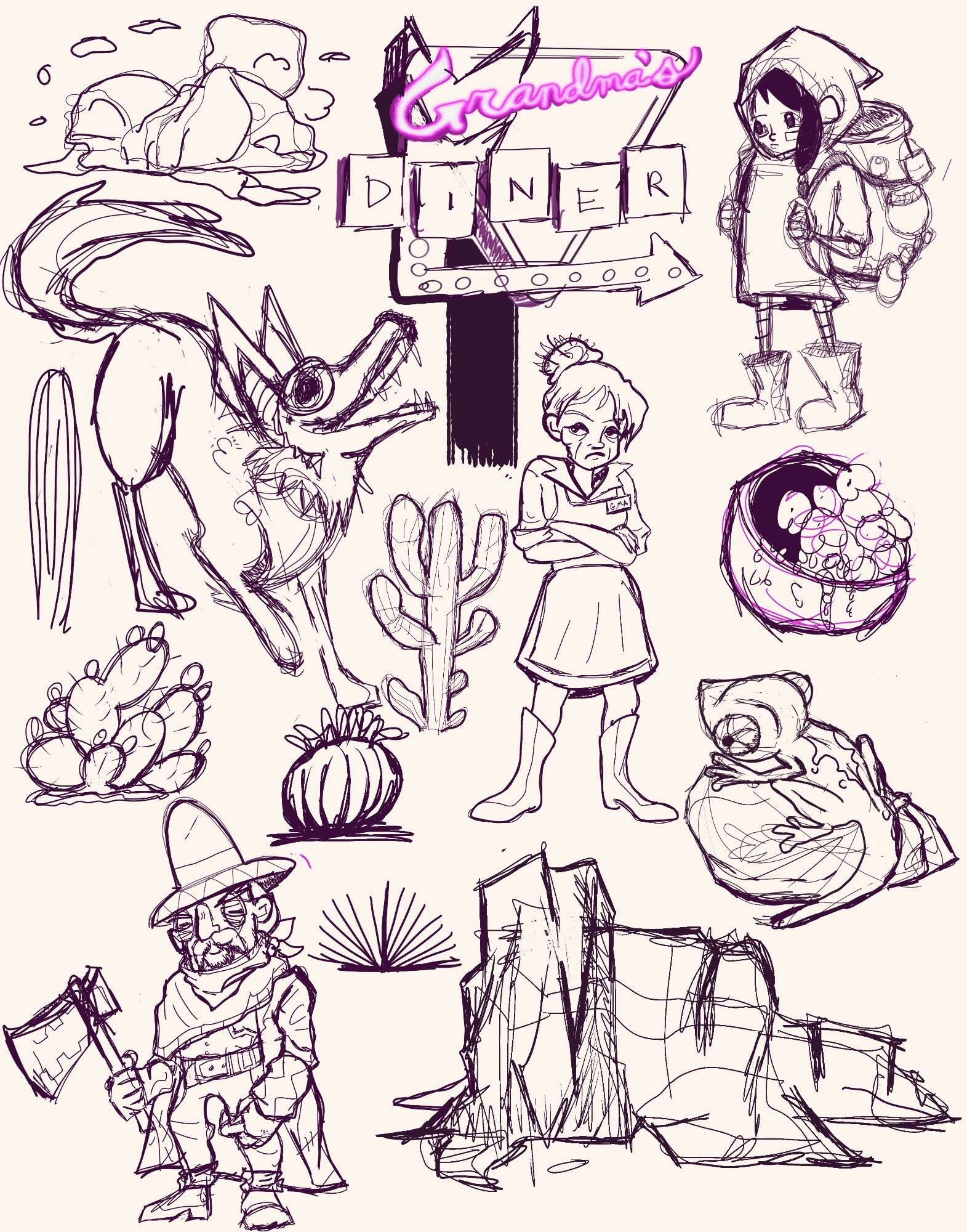 Sketches of a coyote. Cacti and various southwestern characters