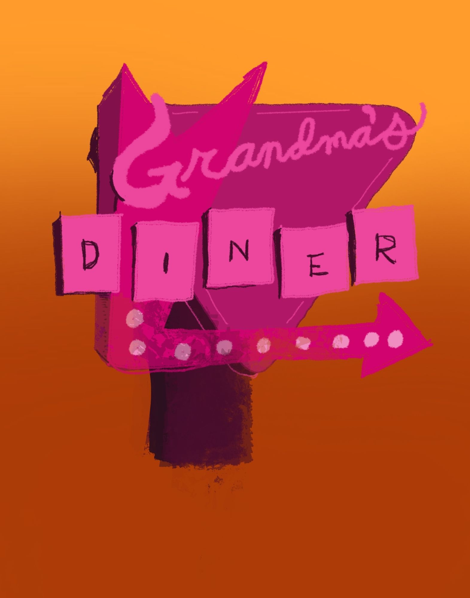 A pink retro diner sign that reads "grandma's diner"