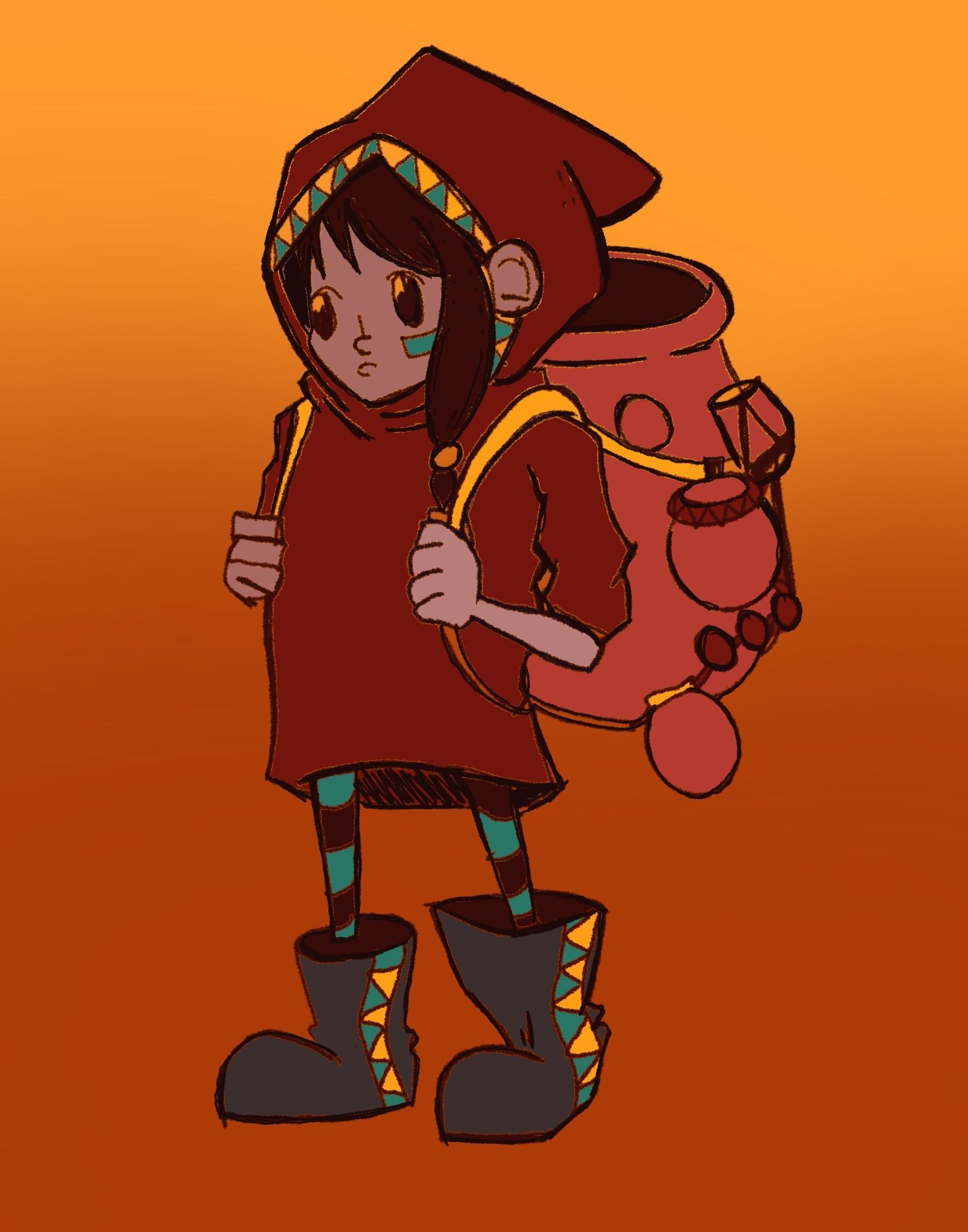 An illustration of a girl in a red hood with a large clay pot as a backpack