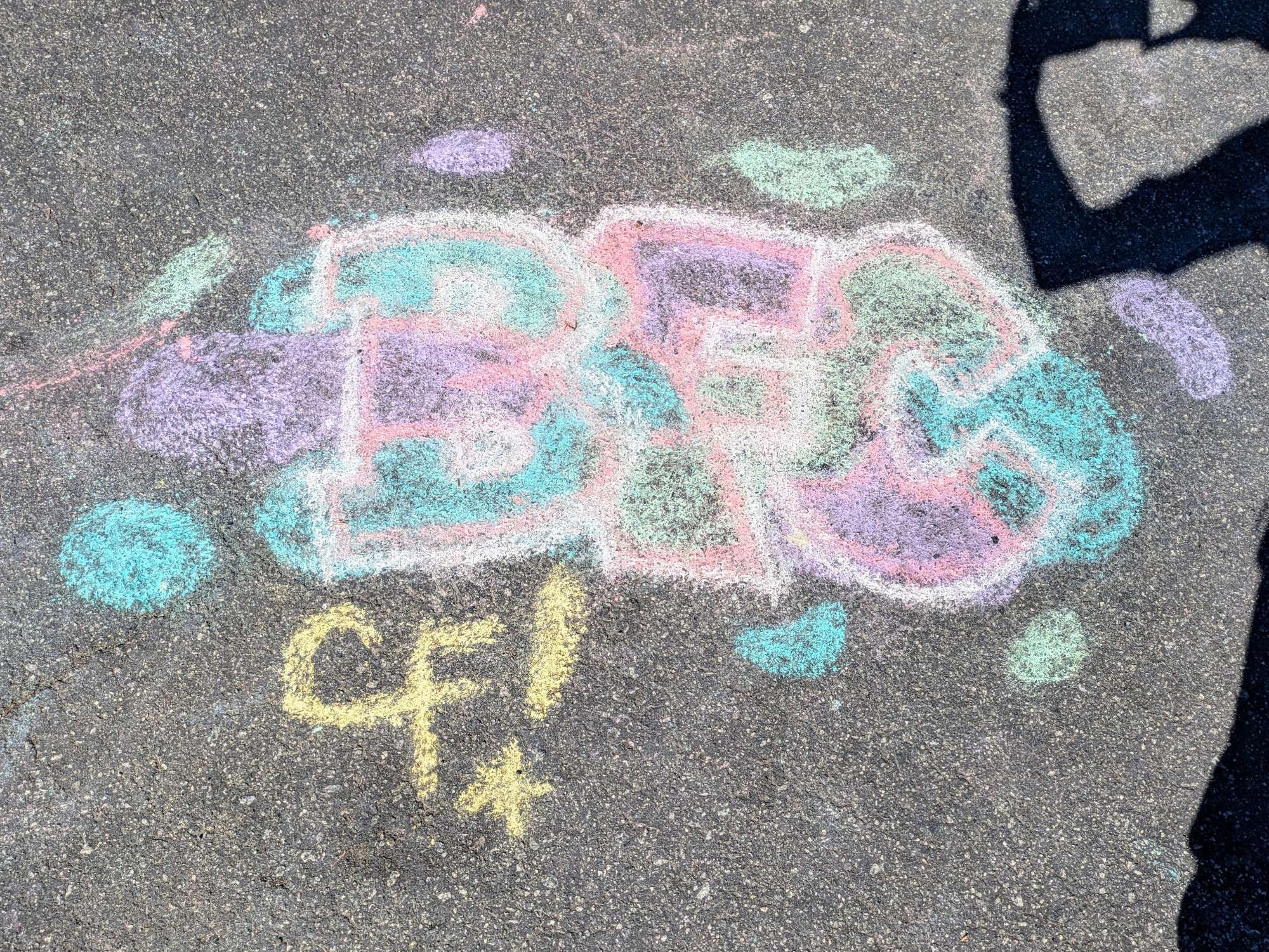 "BFC" written in chalk on asphalt. It is written in a multicolor lava lamp graffiti style.