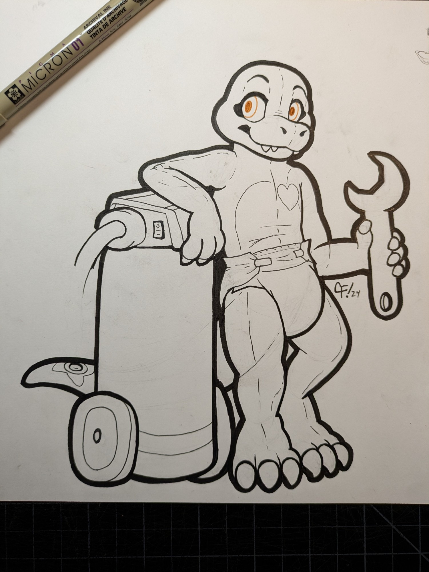 Black and White Ink drawing of Zoran the pool toy dinosaur in a diaper leaning on an air compressor and holding a wrench.