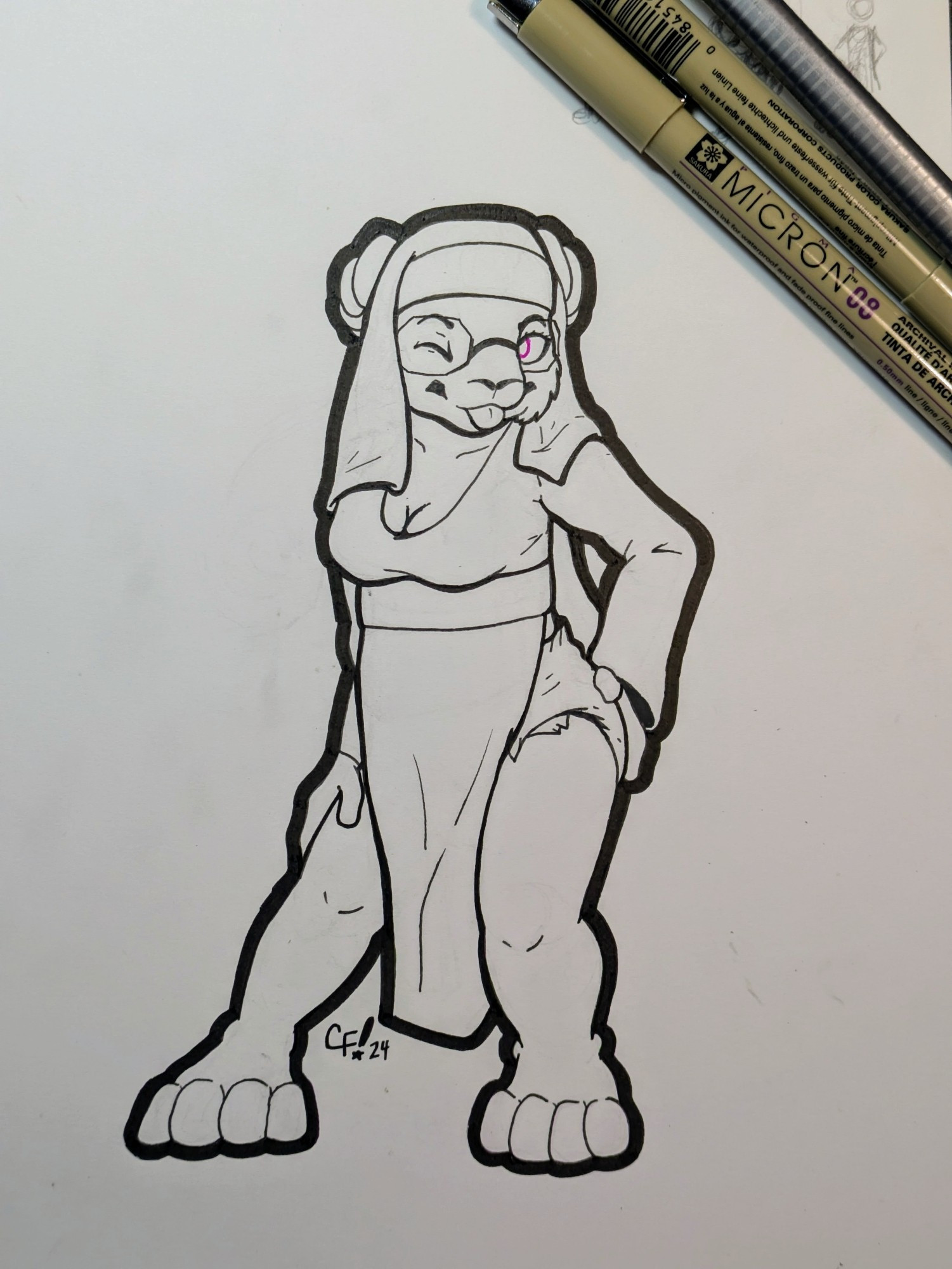 Black and White Ink drawing of Lahkoda dressed in a sexy nun outfit and diaper.