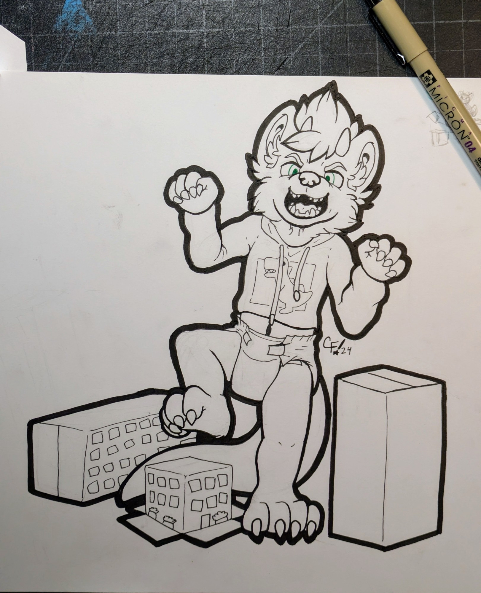 Black and White Ink drawing of Raiko in a diaper and dinosaur hoodie about to stomp on a cardboard city