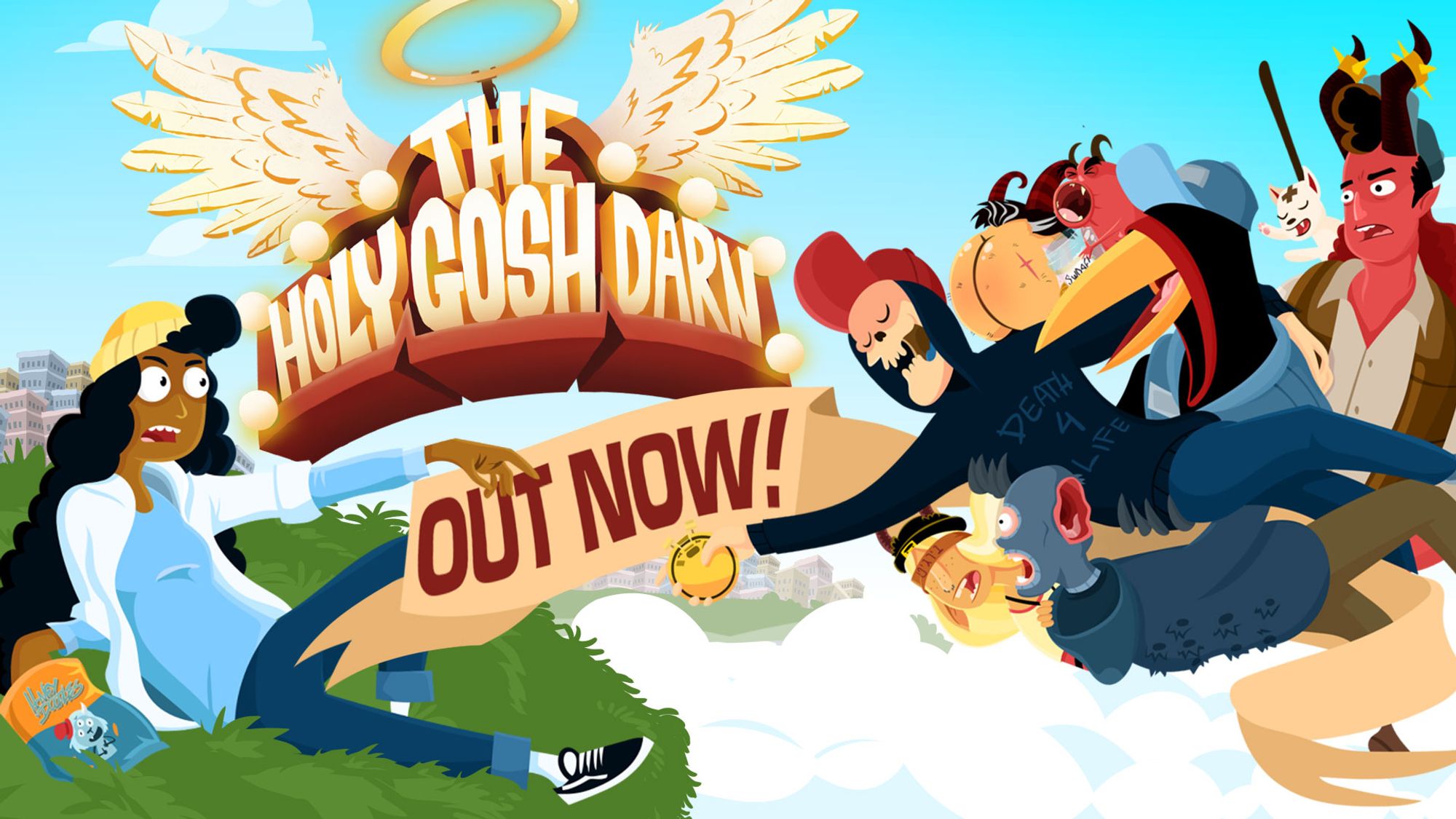 Artwork for The Holy Gosh Darn. In a cartoonish style the background is clouds and a blue sky. On the left is the angel Cassiel, she has long black hair and a yellow hat, she has one arm outstretched and another in a bag of crisps. She is reaching out to Death who is wearing his classic "death 4 life" hoodie and red baseball cap. He is holing a golden watch and is surrounded by other crazy characters from the game. In the centre is the logo for The Holy Gosh Darn, with wings and a little halo above it. Text reads "Out Now!".