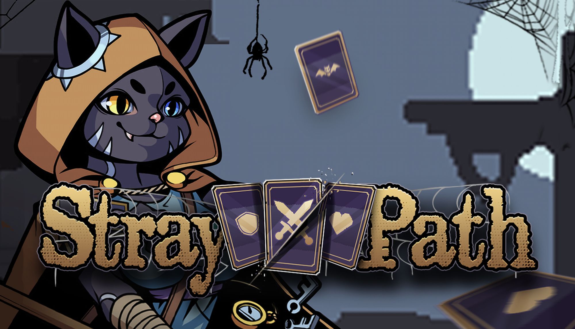 Art for Stray Path. A black cat character from the game wielding some cards with a smirk on her face. She wears a brown cape and blue dress. Below is the logo for Stray Path featuring three cards with a shield, sword, and heart on them.