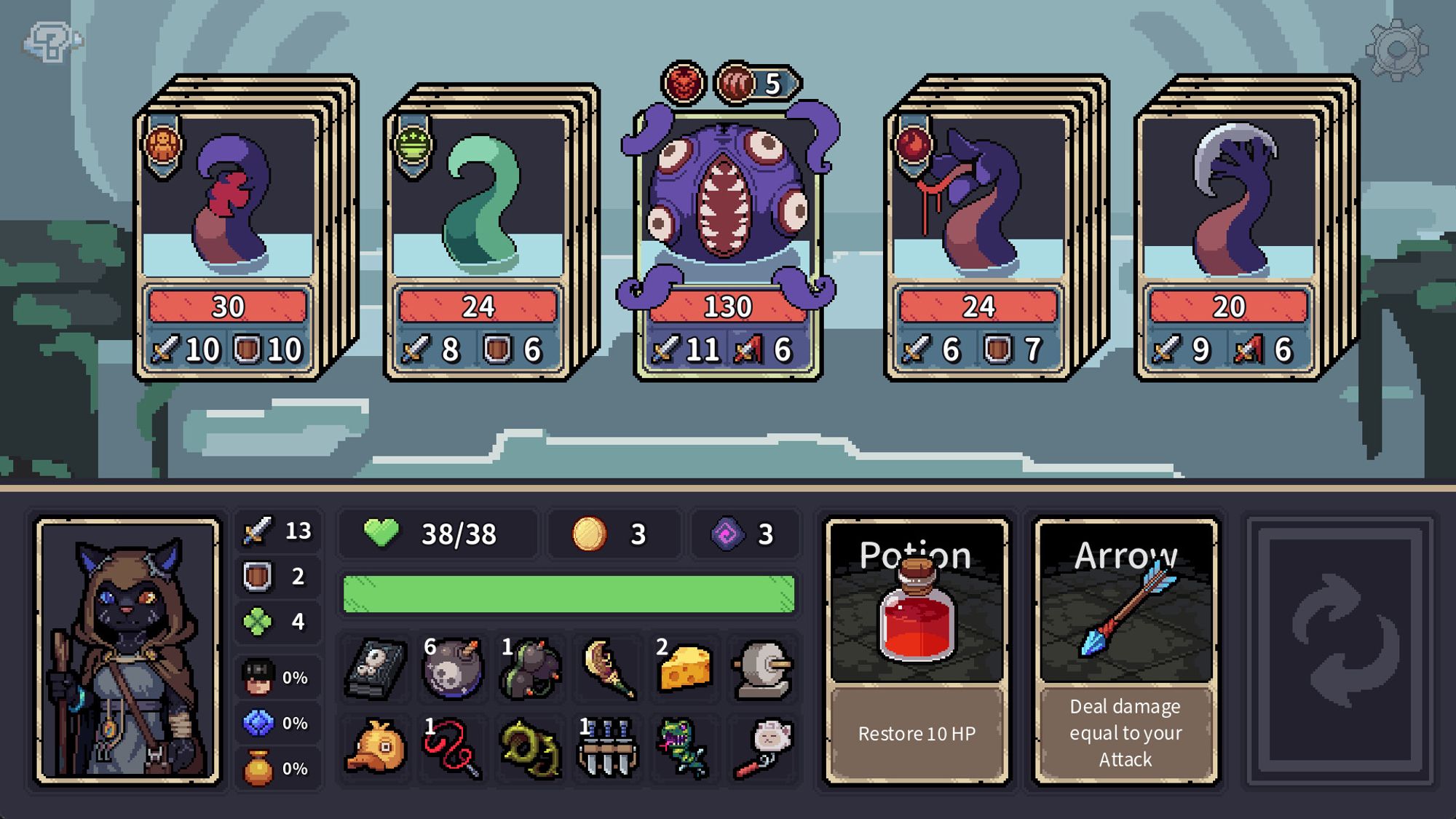 Screenshot from Stray Path. At the top is a FreeCell style card game featuring a sea monster. At the bottom of the screen is the pixel character art and inventory showing all equipment, runes, and gold.