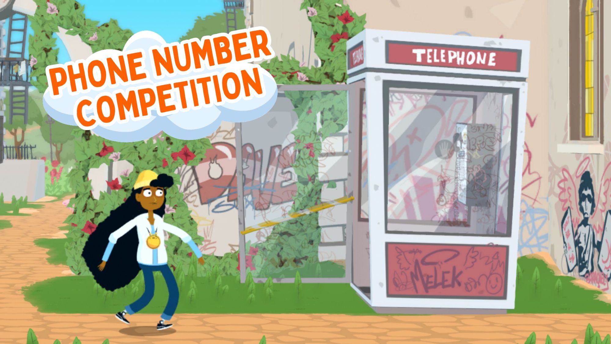 Screenshot from The Holy Gosh Darn. Cassiel is standing outside of a phone booth. There is graffiti on the wall behind it. In the top left corner text reads "phone number competition".