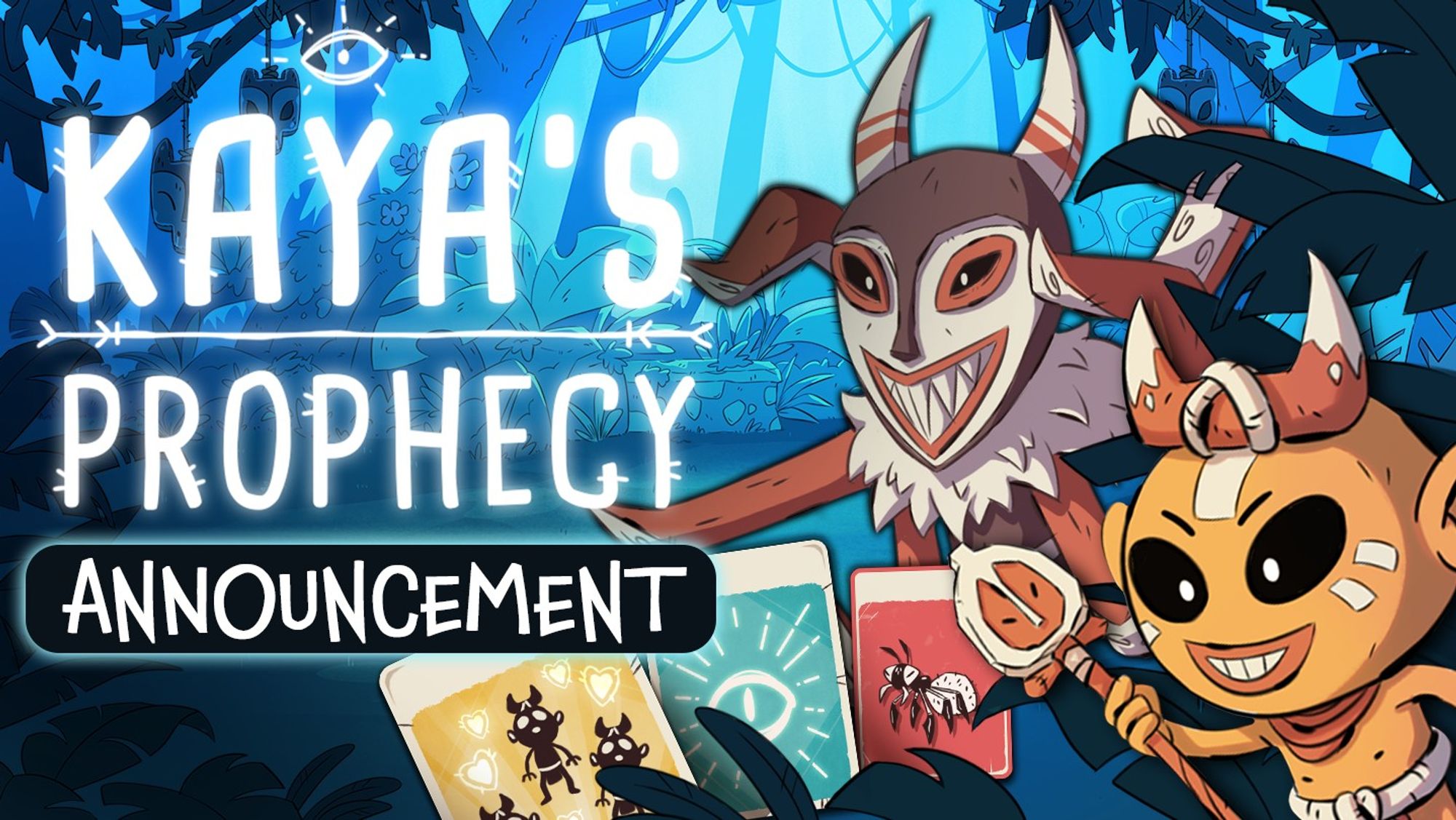 Set in a jungle, this is cartoon style art for Kaya's Prophecy. On the left text reads "Kaya's Prophecy Announcement" while there are two characters from the game on the right. They both have horns, cheeky grins, and one is holding a staff. In the middle there are some cards from the game.