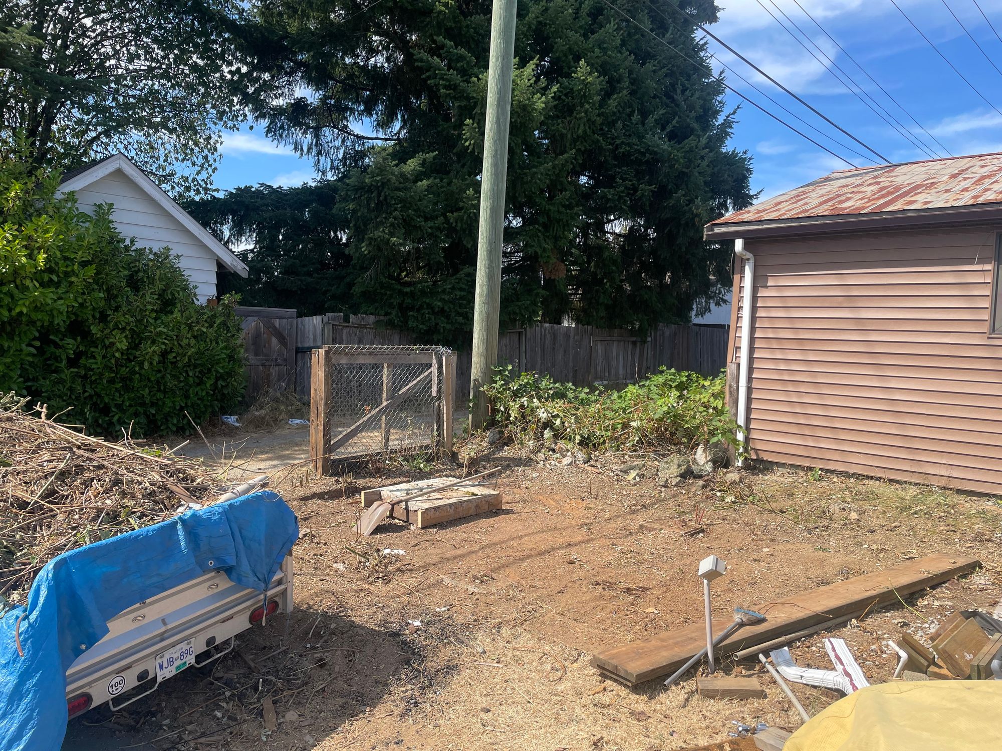 patch of dirt is cleared where the shed was. In the background is a large brown garage to the right. In the middle in the background is a telephone pole between the pool and the garage are a bunch of blackberries. Just left the pool is a small section of fence with, half of the gate open against the backside toward the alley. Across the alley are a bunch of trees and a portion of a shed is visible with a fence. In the foreground on the left is the back section of a small trailer with blue tarp over top, and a bunch of blackberries