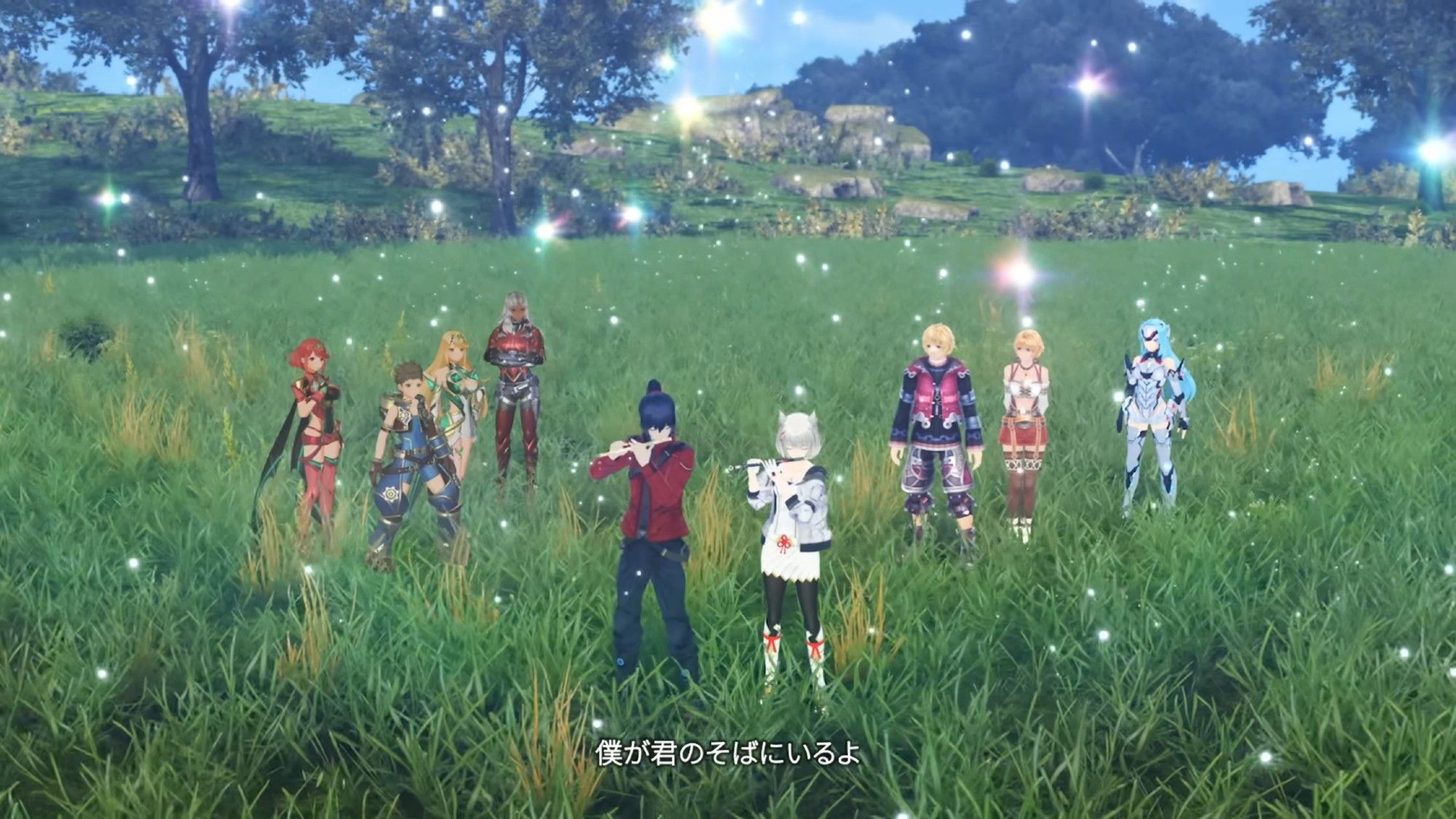 A screenshot from Monolithsoft's 25th anniversary AMV. In a green field surrounded by trees, Noah and Mio from Xenoblade Chronciles 3 play their flutes together, as past prominent Xeno characters Rex, Pyra, Mythra, Elma, Shulk, Fiora, and KOS-MOS watch on behind them.