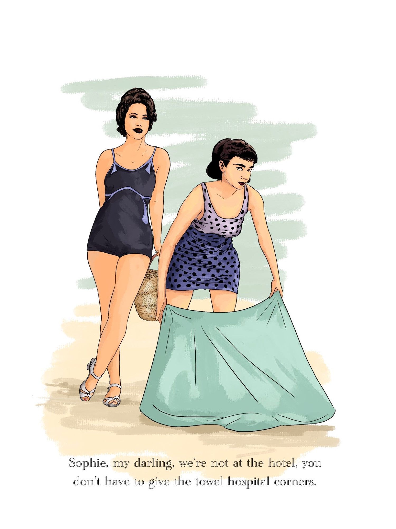 An illustration of two women on a beach.