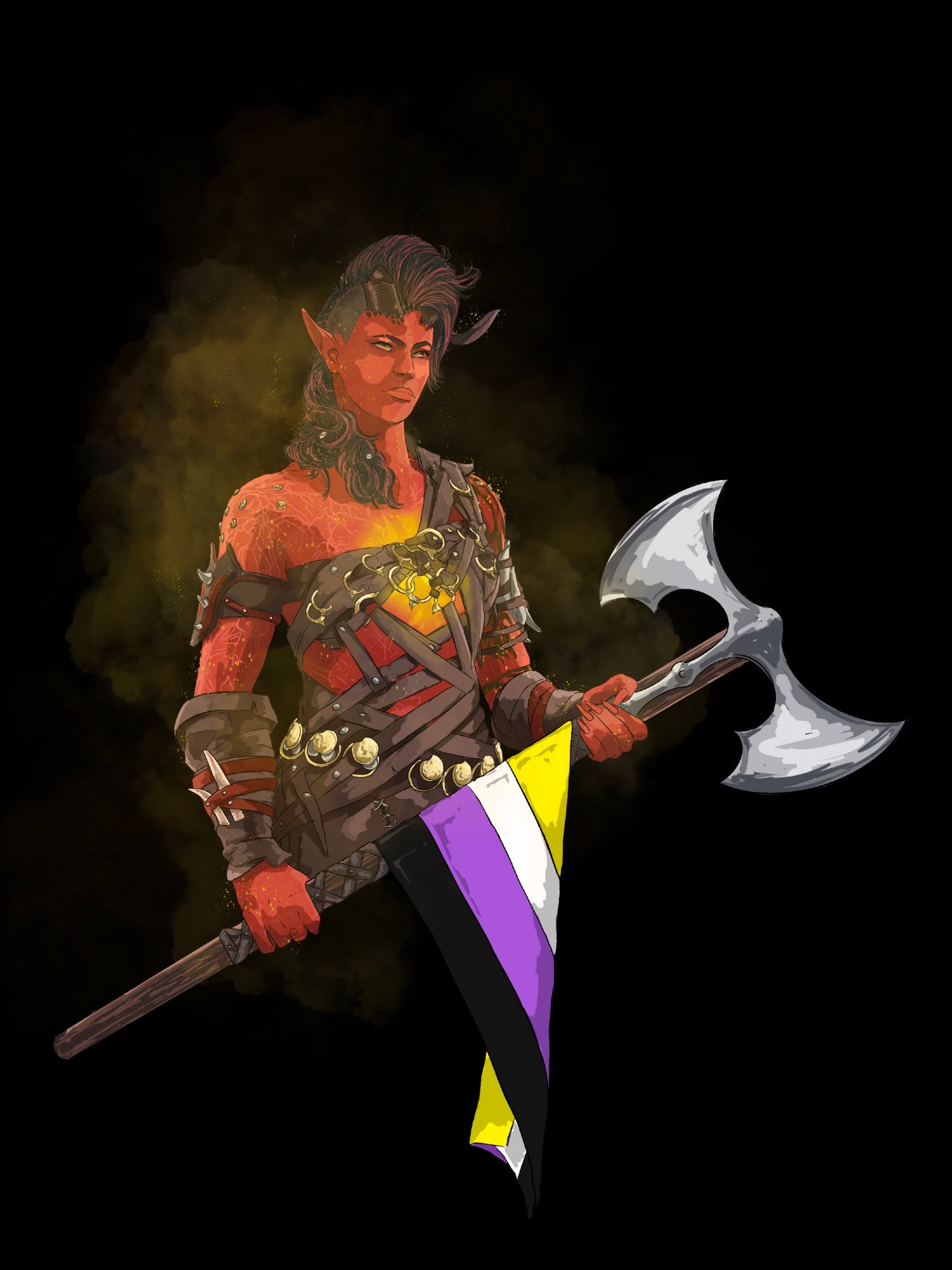 Karlach stands holding a battle axe draped in the non-binary flag.