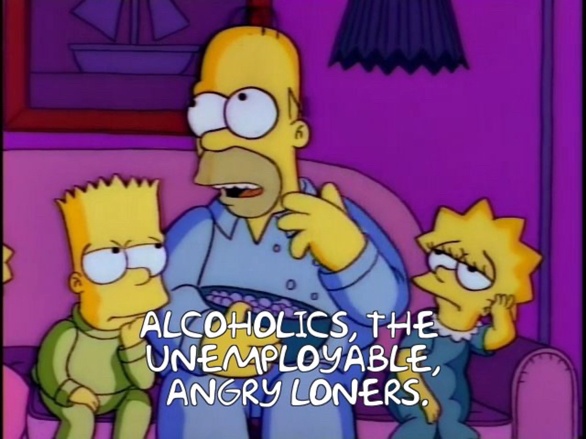 Homer, Bart, and Lisa sitting on a couch. Homer is holding a bowl of popcorn and listing off the demographics of a TV show. Caption reads: Alcoholics, the unemployable, angry loners…