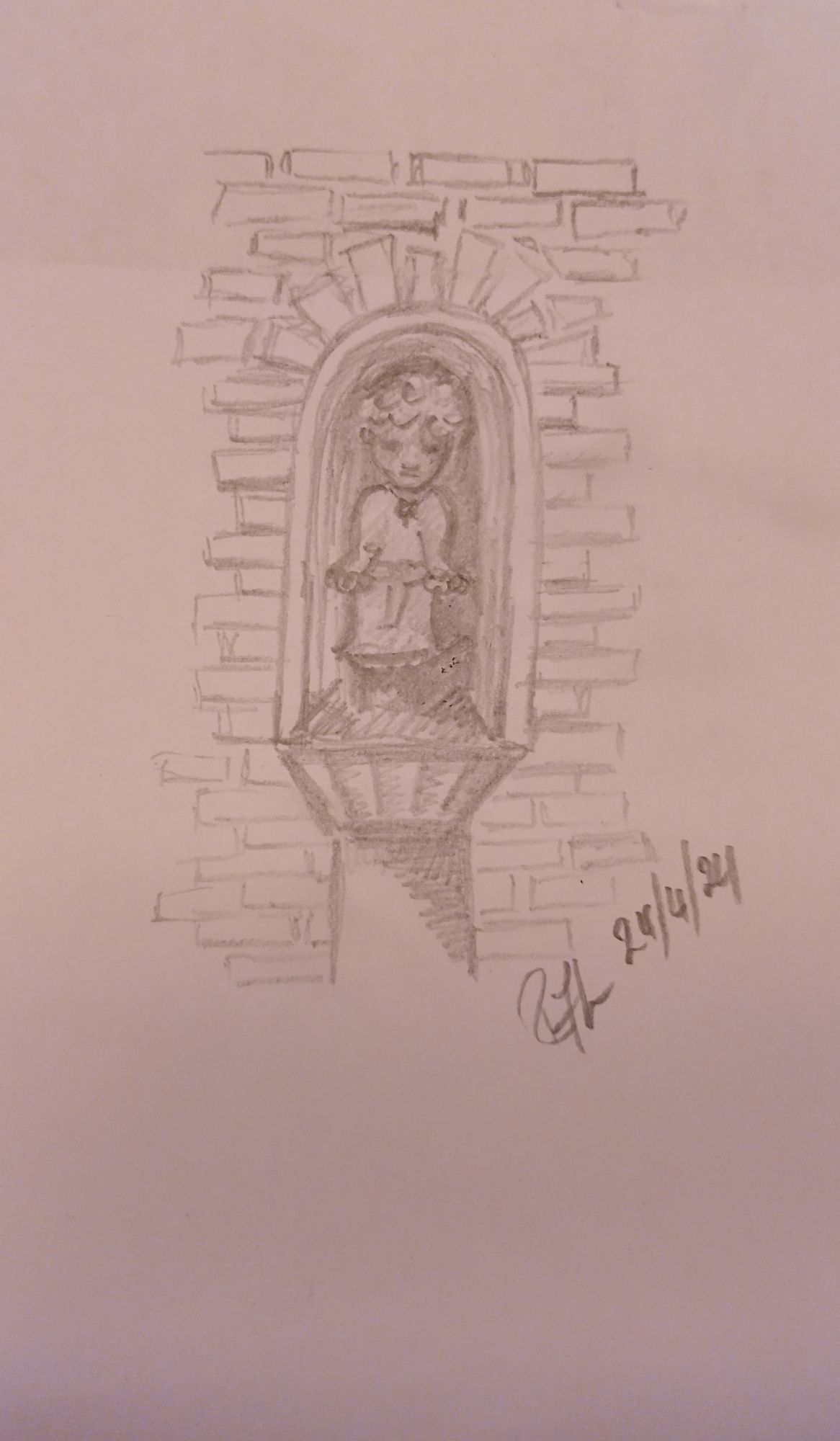 Pencil sketch of a shrine in a brick wall dedicated to one of the gods who feature in The Book of Gold