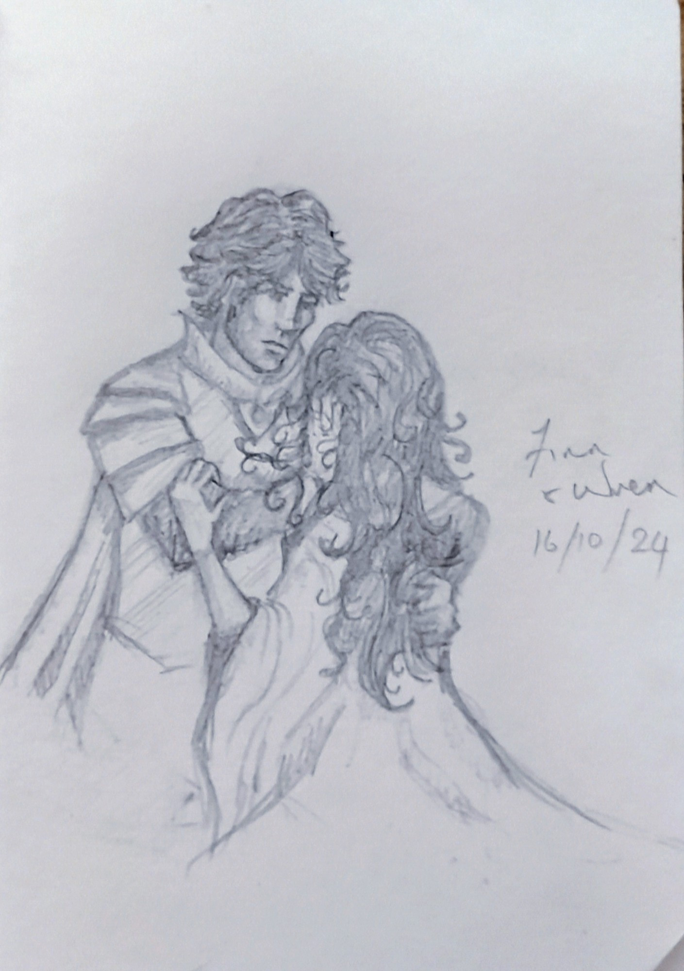 Pencil sketch of a handsome young man with short hair, wearing armour, holding a young woman with long black hair, her face hidden.