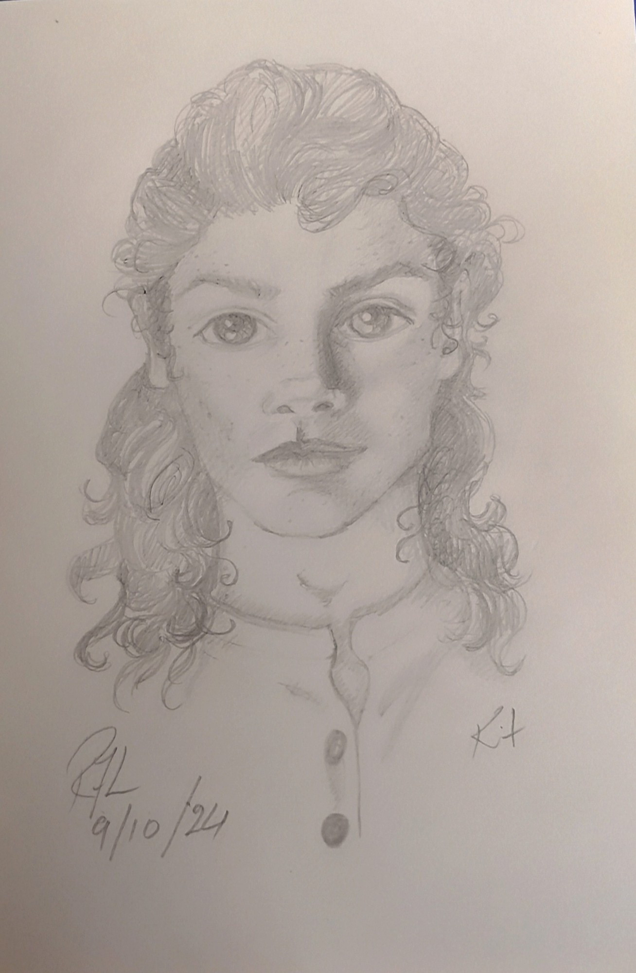 A pencil sketch of a young man with long curly hair and large eyes