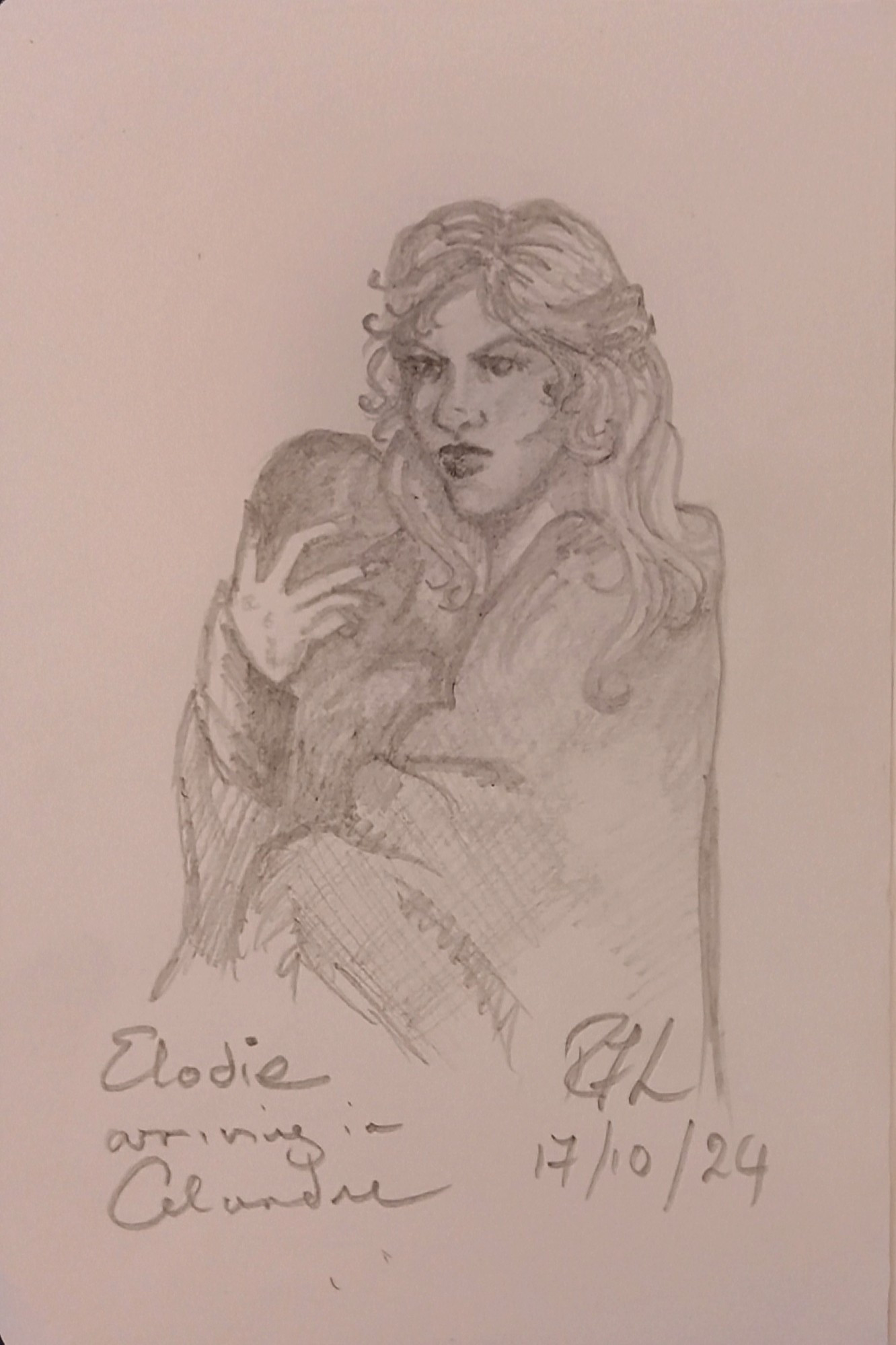 Pencil sketch of a beautiful blonde woman cradling a swaddled child against her chest