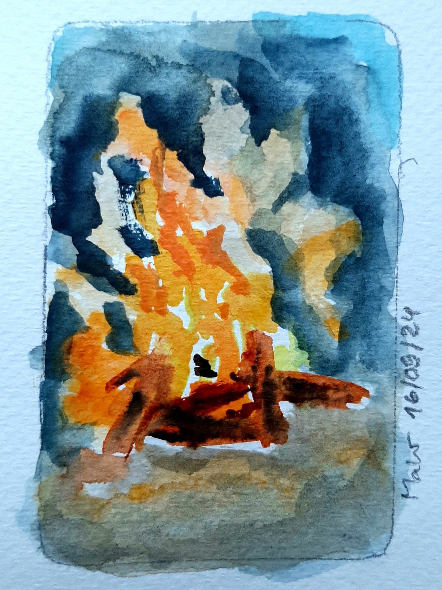 Aquarell. Die Flammen eines Lagerfeuers züngeln in die Höhe, derBoden drumherum ist leicht erhellt, etwas Rauch steigt auf.