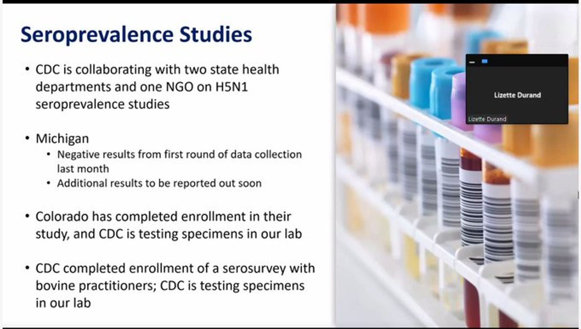 A screenshto of a slide titled "Seroprevalence Studies" that reads "CDC is collaborating with two state health departments and one NGO on H5N1 seroprevalence studies Michigan Negative results from first round of data collection last month Additional results to be reported out soon Colorado has completed enrollment in their study, and CDC is testing specimens in our lab CDC completed enrollment of a serosurvey with bovine practioners; CDC is testing specimens in our lab"