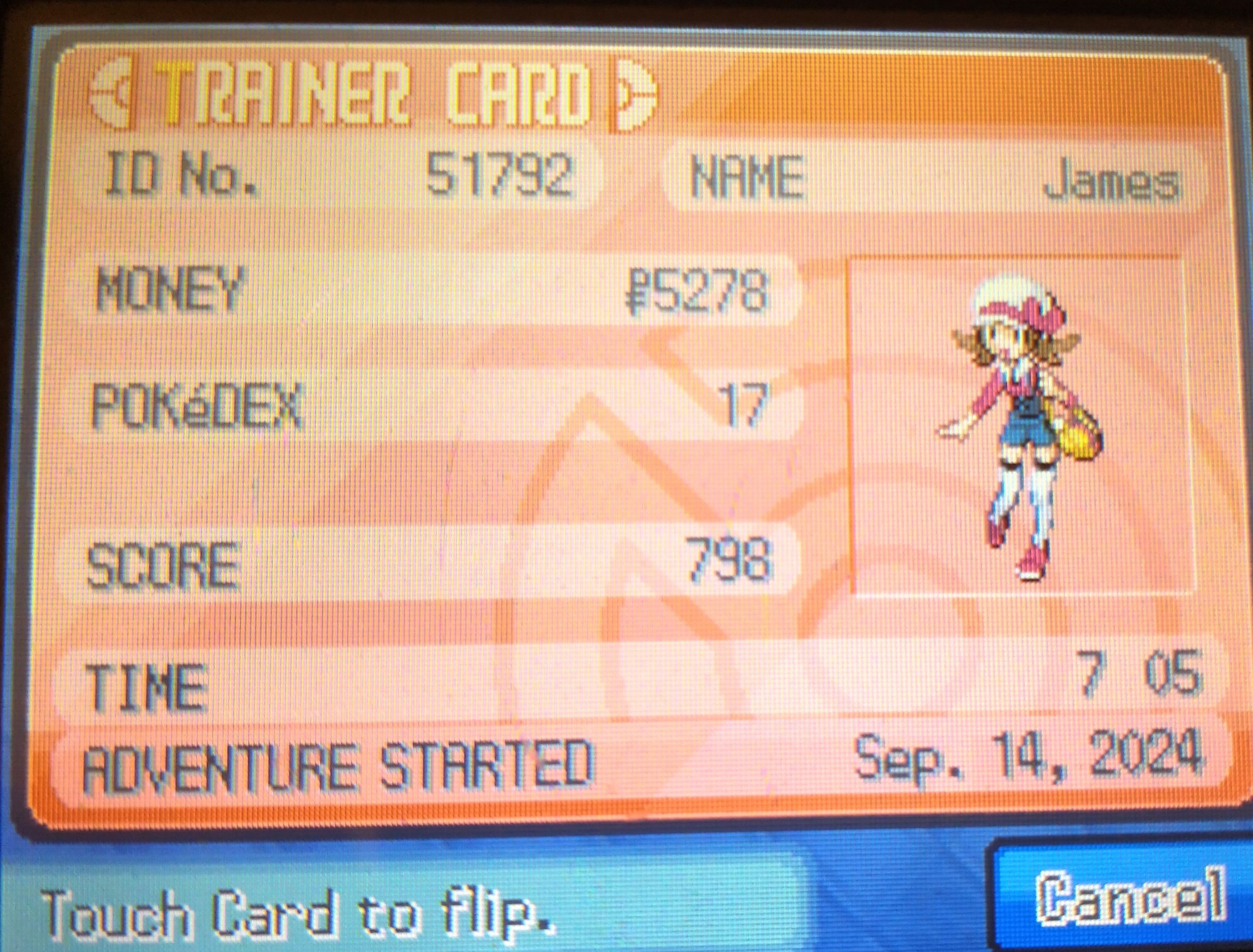 HeartGold trainer card with my name James and the Lyra sprite. 7 hours playtime