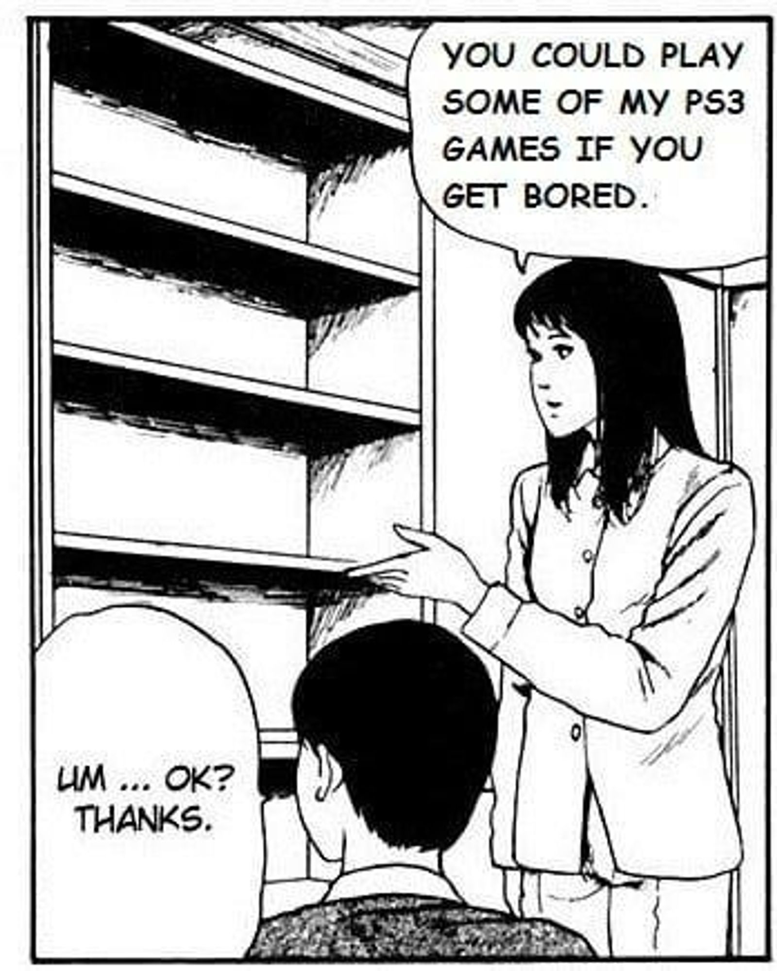 Junji Ito manga "Alley" with the woman gesturing to an empty shelf and saying "You could play some of my PS3 games if you get bored."