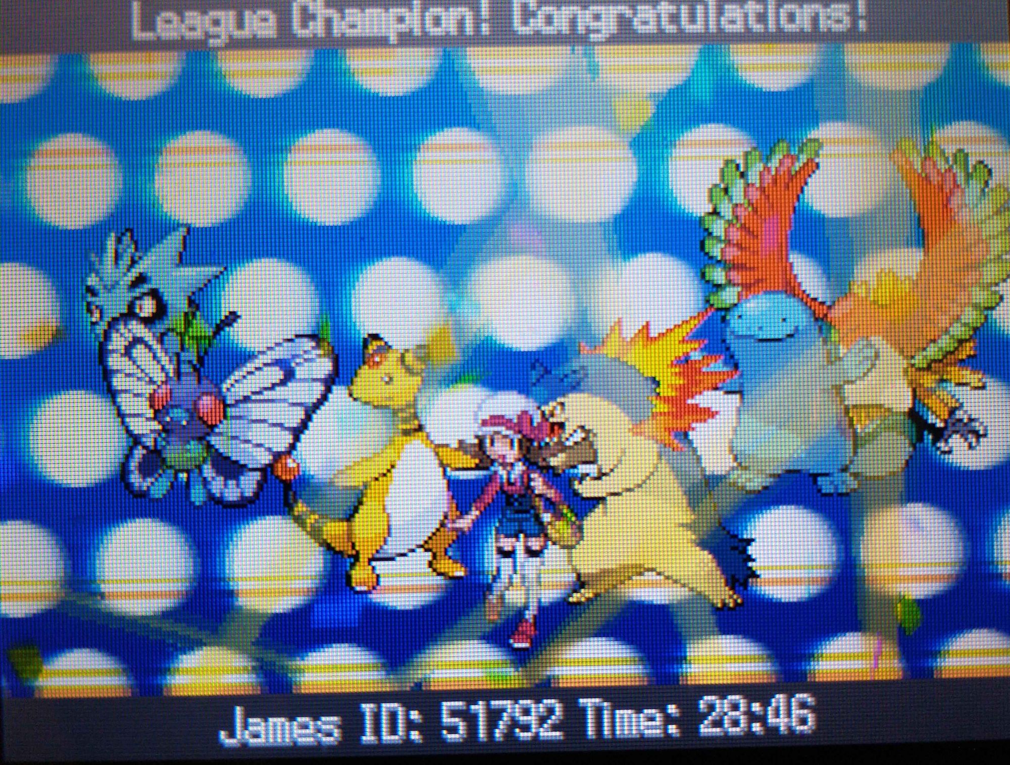 My team on the Champion screen of HeartGold (from left to right)
Pupitar
Butterfree
Ampharos
Typhlosion
Quagsire
Ho-Oh
Time: 28:46