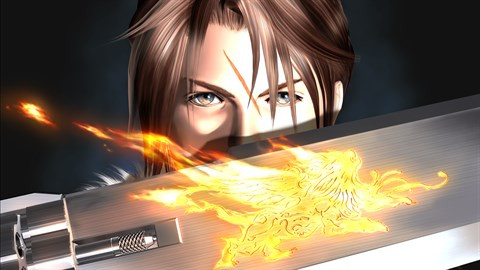 Prmotional art of Squall Leonhart from Final Fantasy 8. He looks at the viewer with his sword covering half his face. There is a scar that comes down between his eyes. His sword has a lion etching, which has fire extending from it.