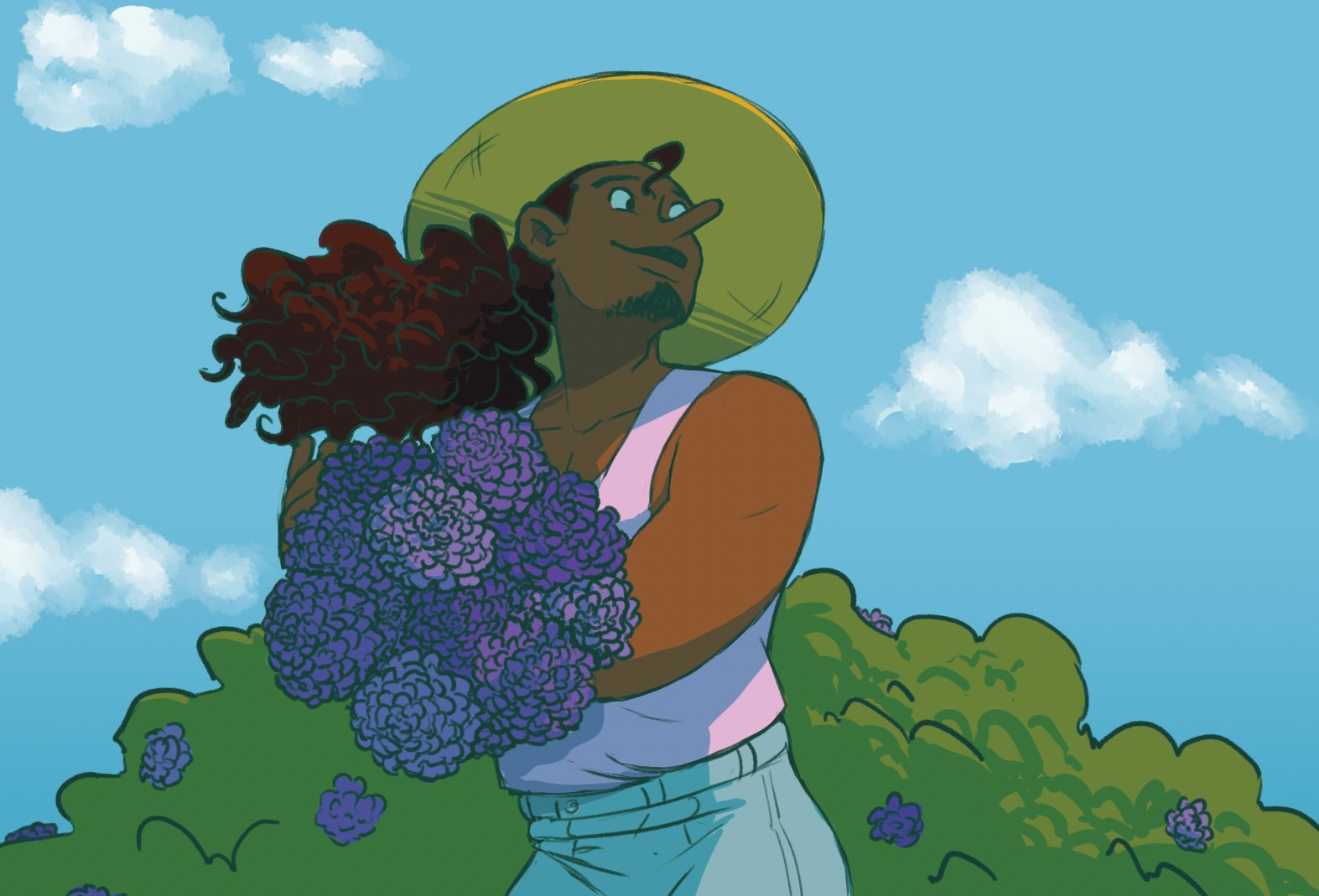 Usopp standing in front of a bush, a bouquet of flowers in his hands and a yellow sun hat on. He's wearing a pink tank top and light blue jeans, looking off screen to the left.