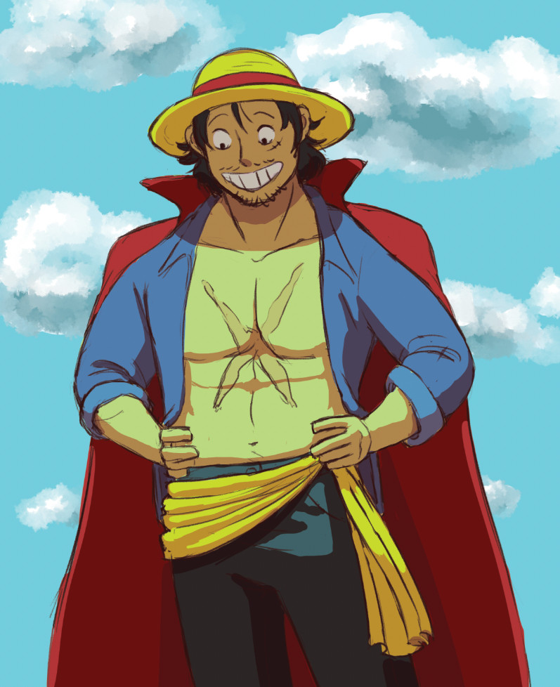 Luffy as his older version of himself looking down and smiling cheerfully